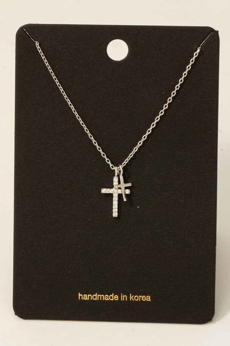 Cz Pave Double Cross Pendant Necklace Fame Accessories