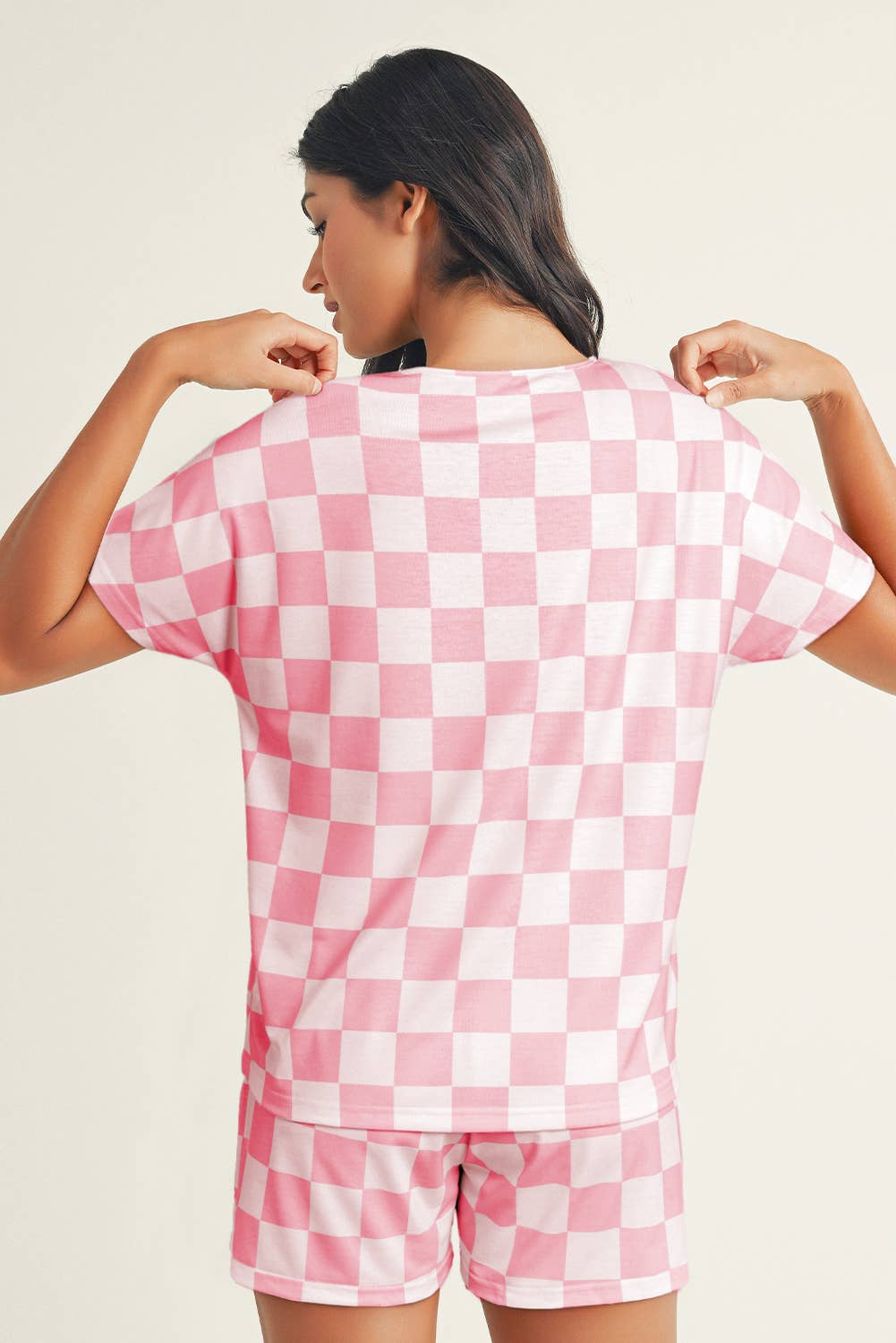 Checkered V Neck Tee Drawstring Shorts Lounge Set
