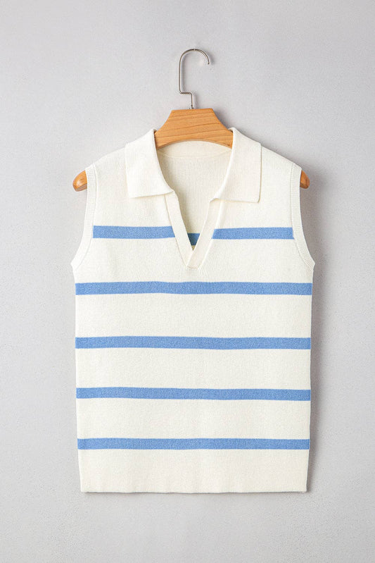Stripe Collared V-Neck Sleeveless Sweater Top