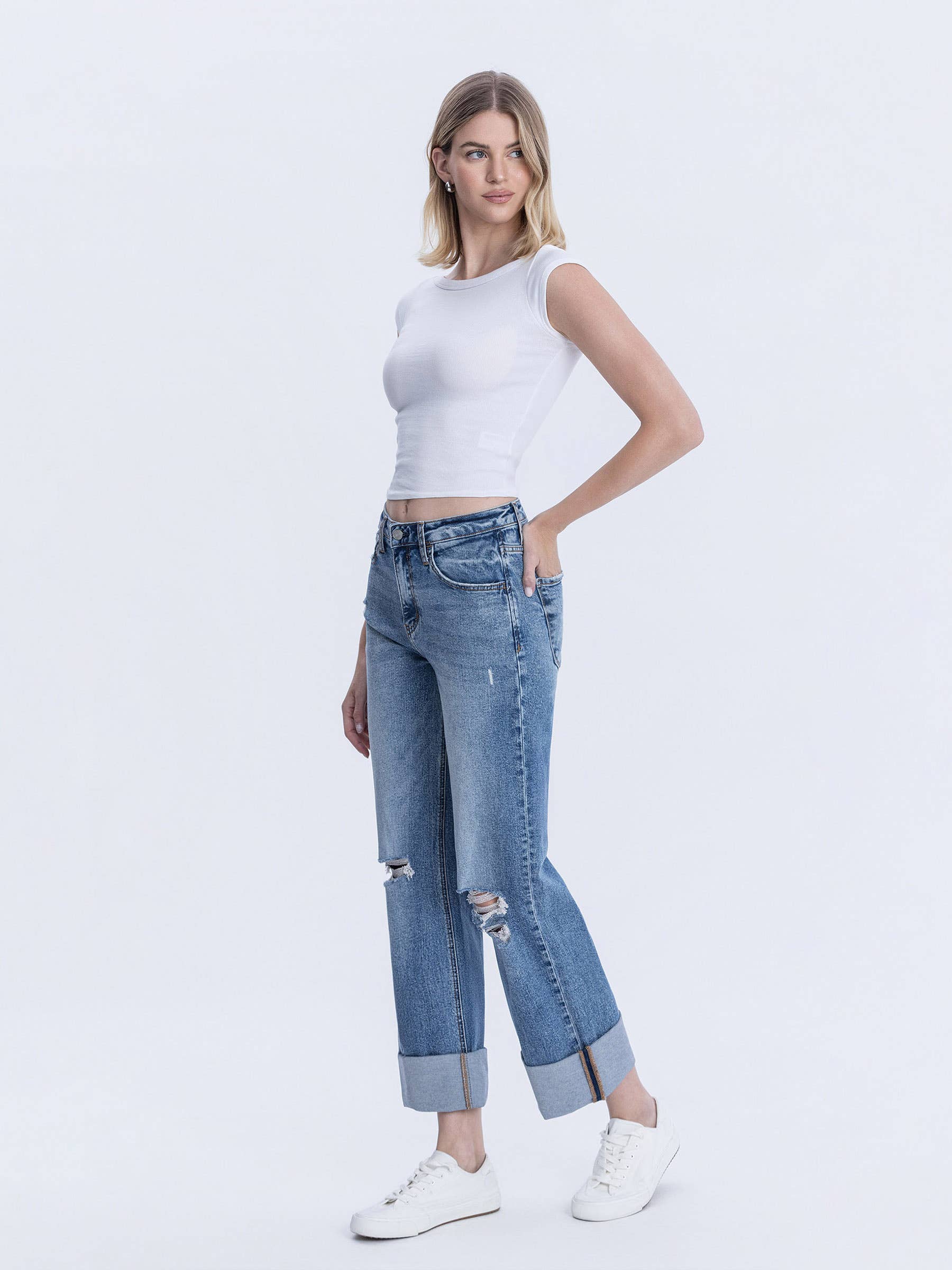 SUPER HIGH RISE DOUBLE CUFFED BAGGY WIDE JEANS LV1459 Lovervet by VERVET