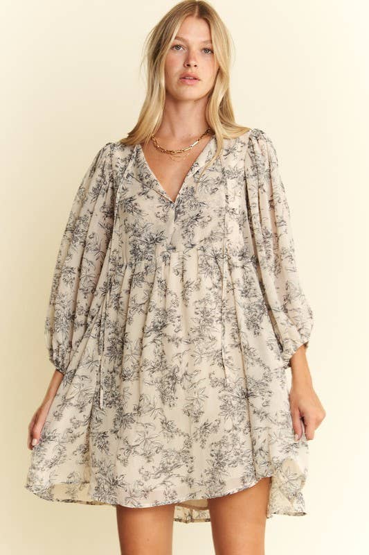 Women's LINED 3/4 SLEEVE FLORAL CHIFFON BABYDOLL SHORT DRESS