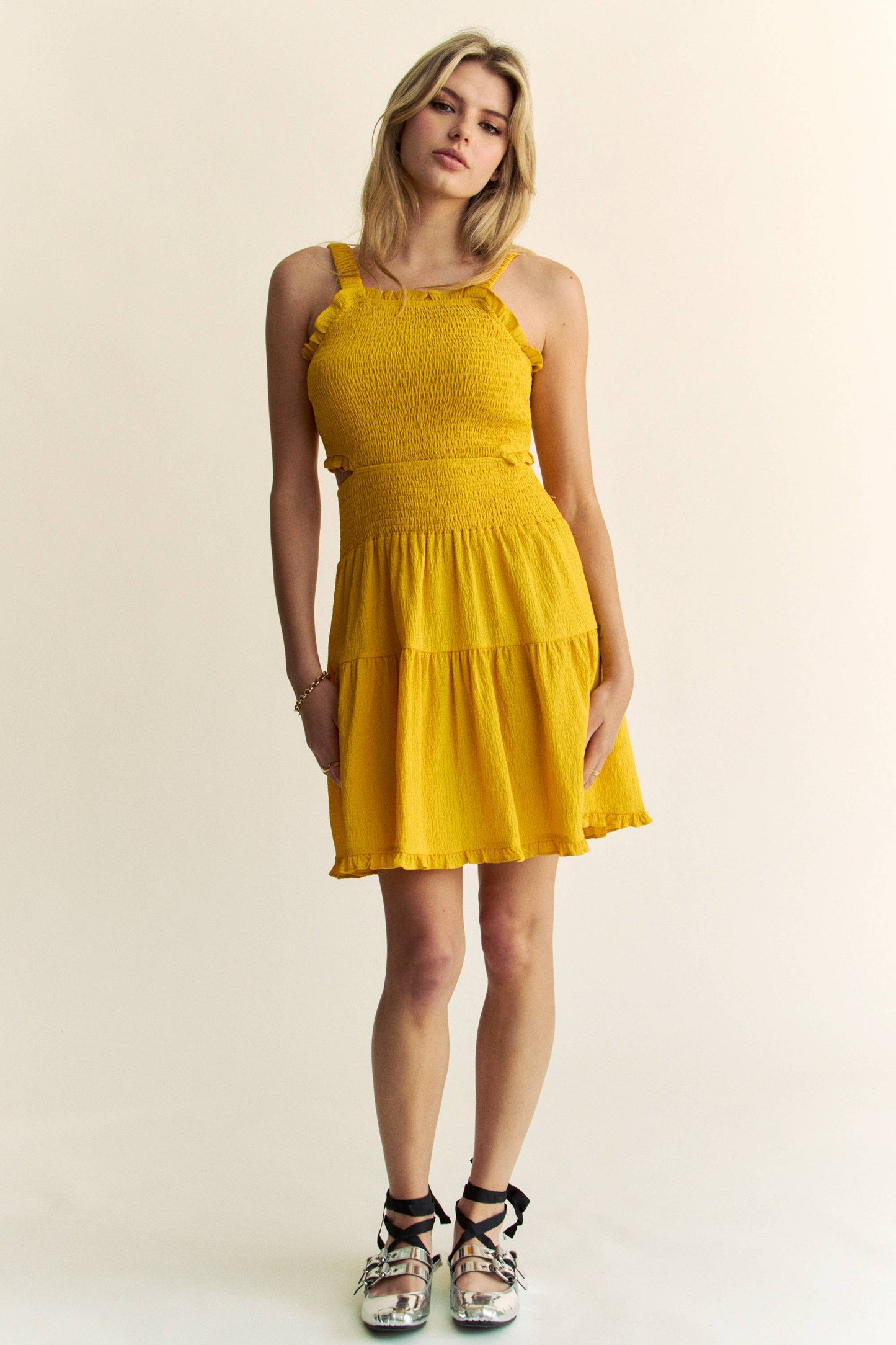 TEXTURED OPEN BACK SMOCKING CUT OUT MINI DRESS