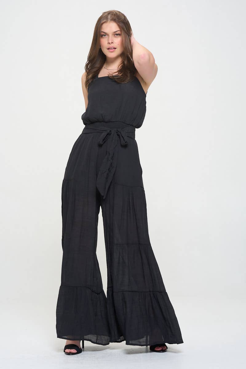 Women's Black ELASTIC STRAP TIERED JUMPSUIT