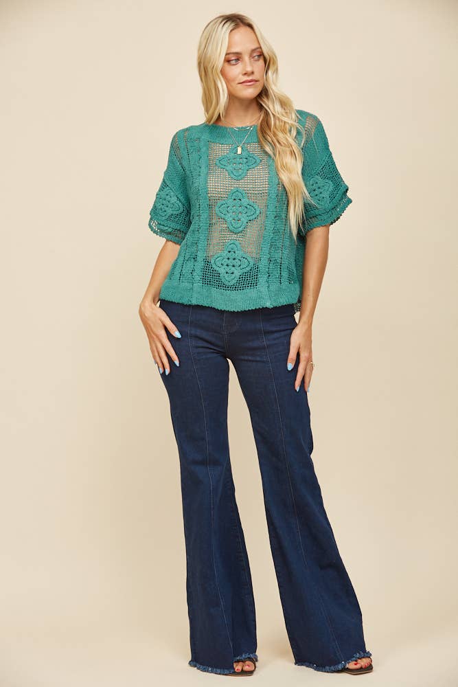 FINAL SALE- SHORT SLEEVE CROCHET KNIT TOP TEAL