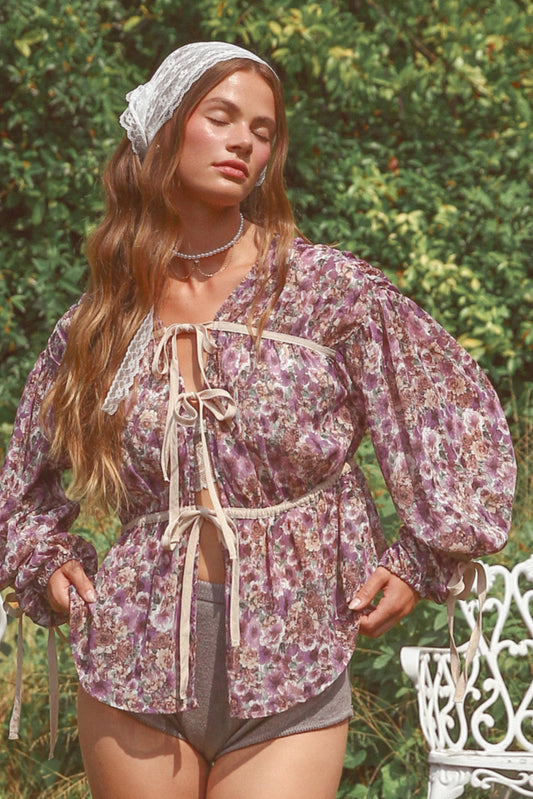 Floral Printed Sheer Blouse with Tie Accents Listicle