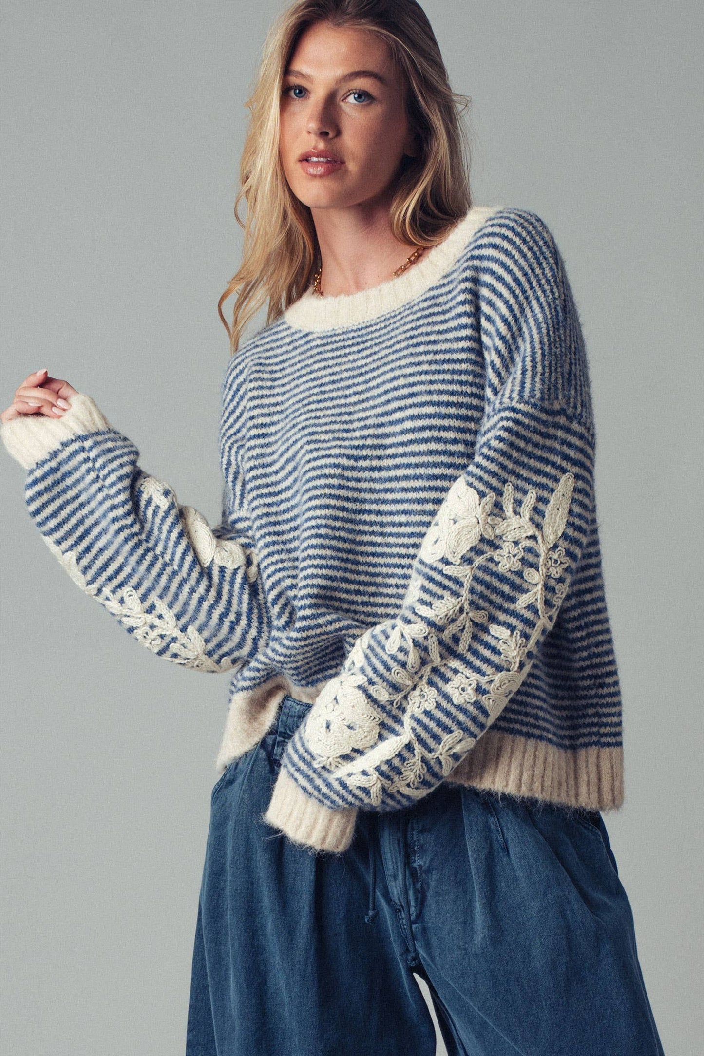 Floral Embroidered Striped Knit Sweater Urban Daizy