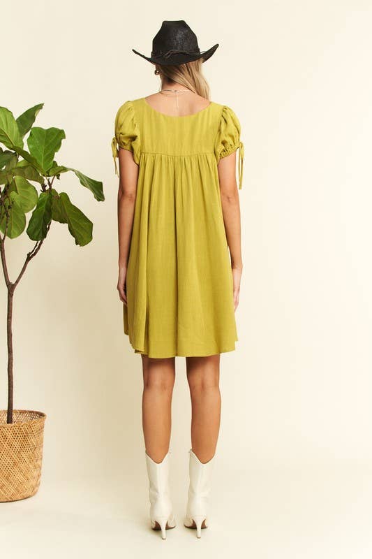 WASHED LINEN BUBBLE SLEEVE DRESS