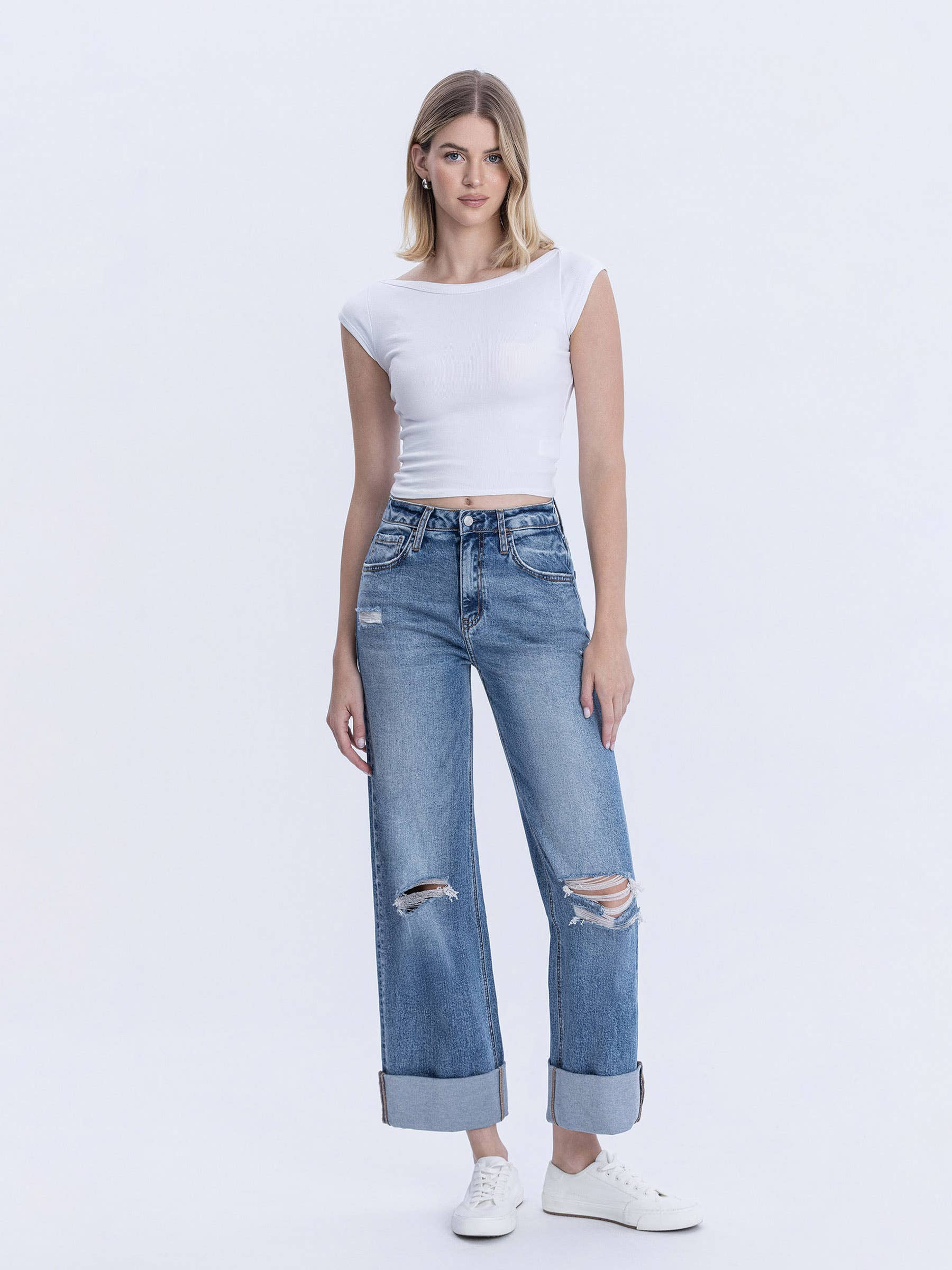 SUPER HIGH RISE DOUBLE CUFFED BAGGY WIDE JEANS LV1459 Lovervet by VERVET