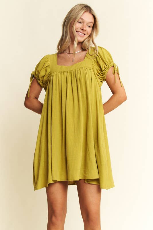 WASHED LINEN BUBBLE SLEEVE DRESS