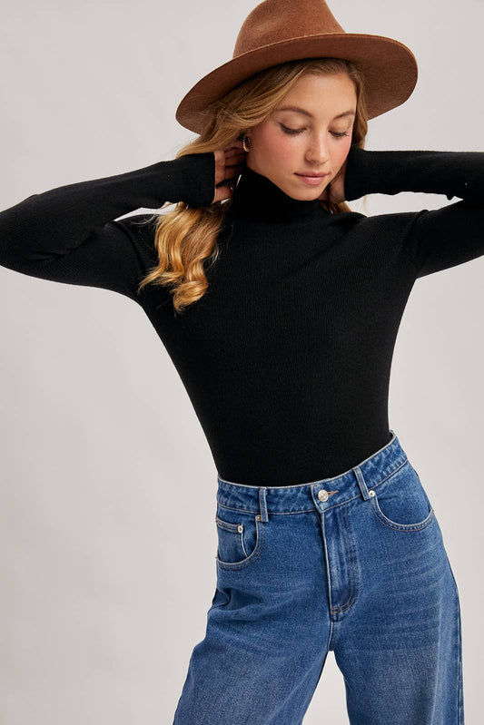 WHOLEGARMENT MOCK NECK RIBBED KNIT SWEATER Bluivy