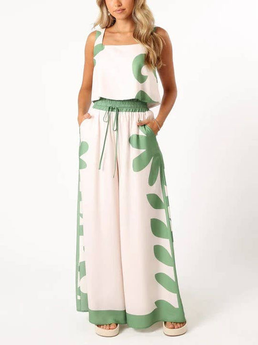 Printed Cropped Tank Top Wide-Leg Pants Set