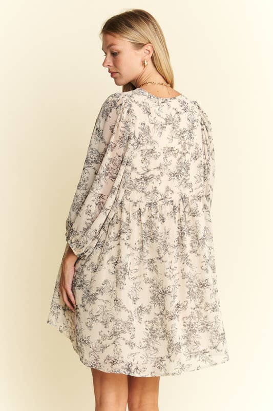 Women's LINED 3/4 SLEEVE FLORAL CHIFFON BABYDOLL SHORT DRESS
