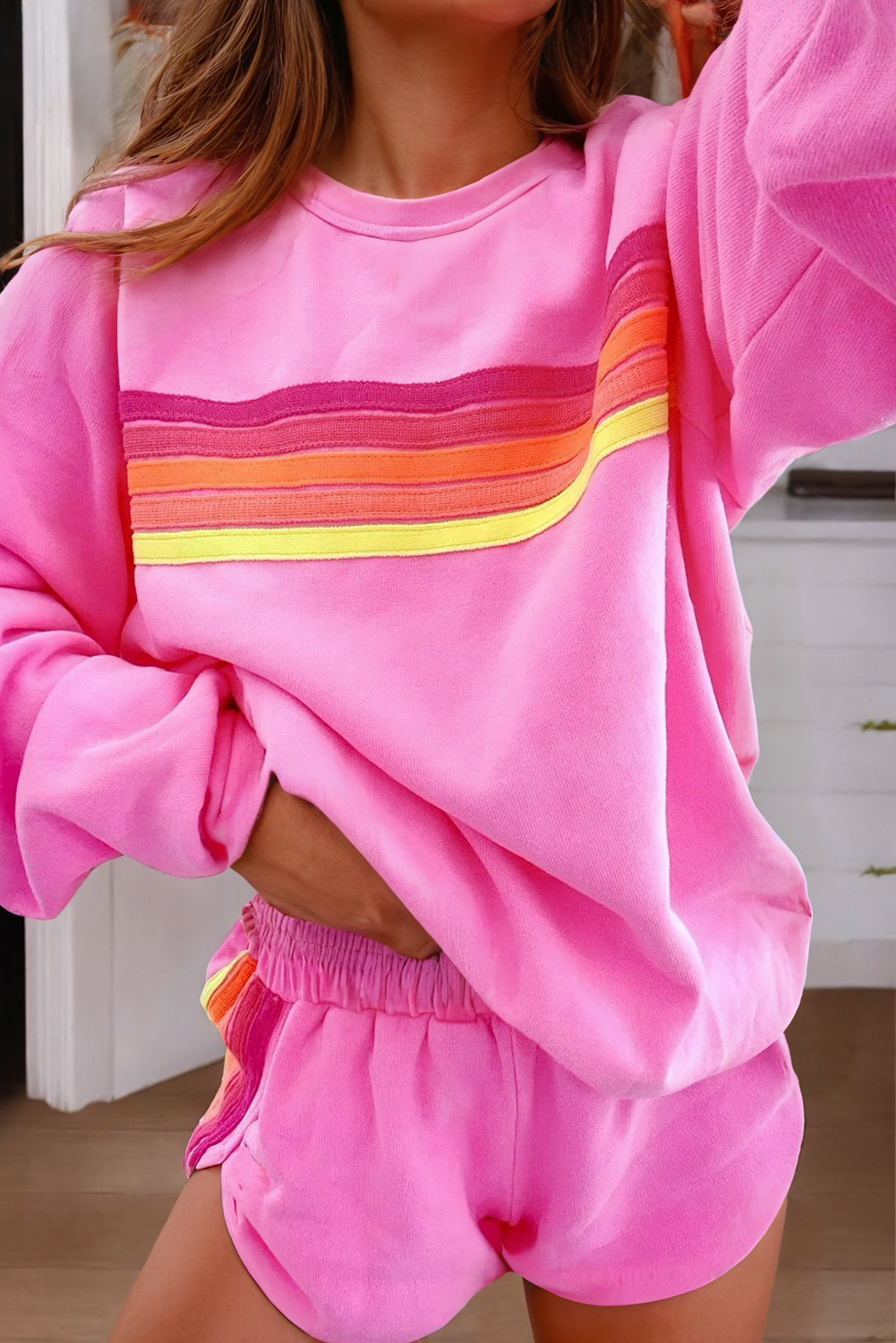 FINAL SALE- Color Contrast Trim Long Sleeve Top and Shorts Set