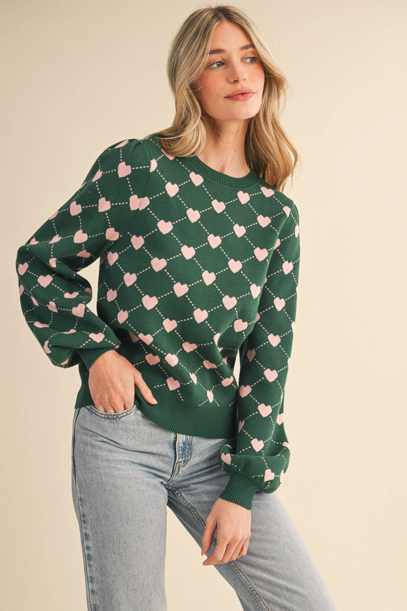 HEART KNIT PUFF SLEEVE SWEATER &MERCI