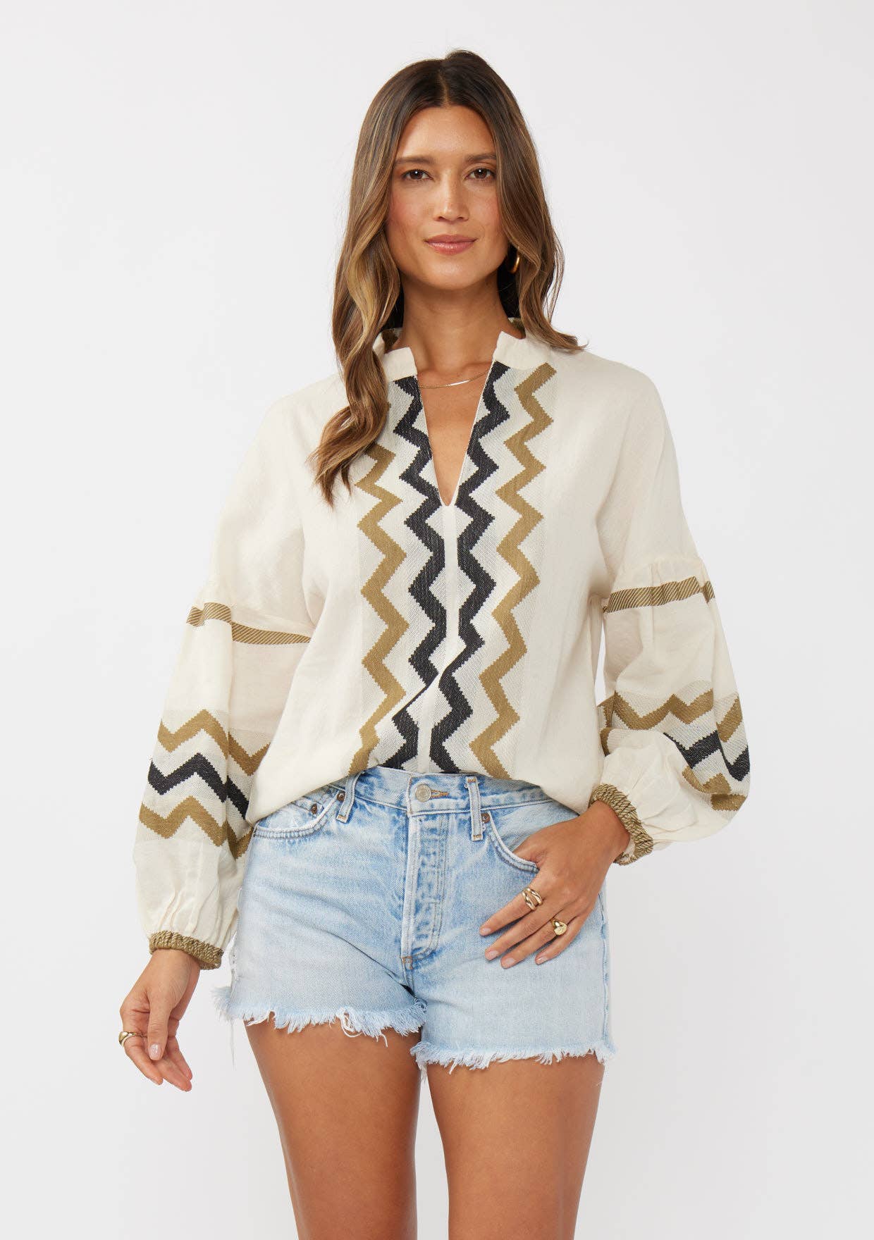 Long Sleeve Cotton Jacquard Split-Neck Blouse