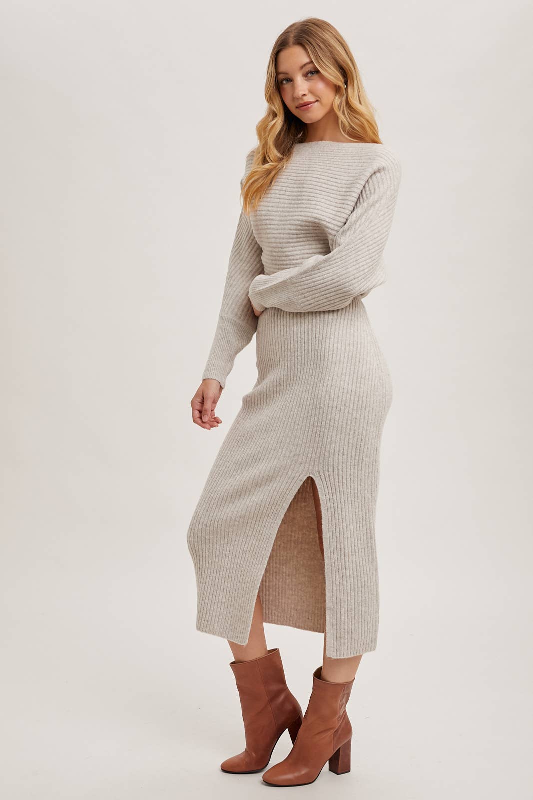 ONE SHOULDER OFF SIDE SLIT MIDI KNIT SWEATER DRESS Bluivy