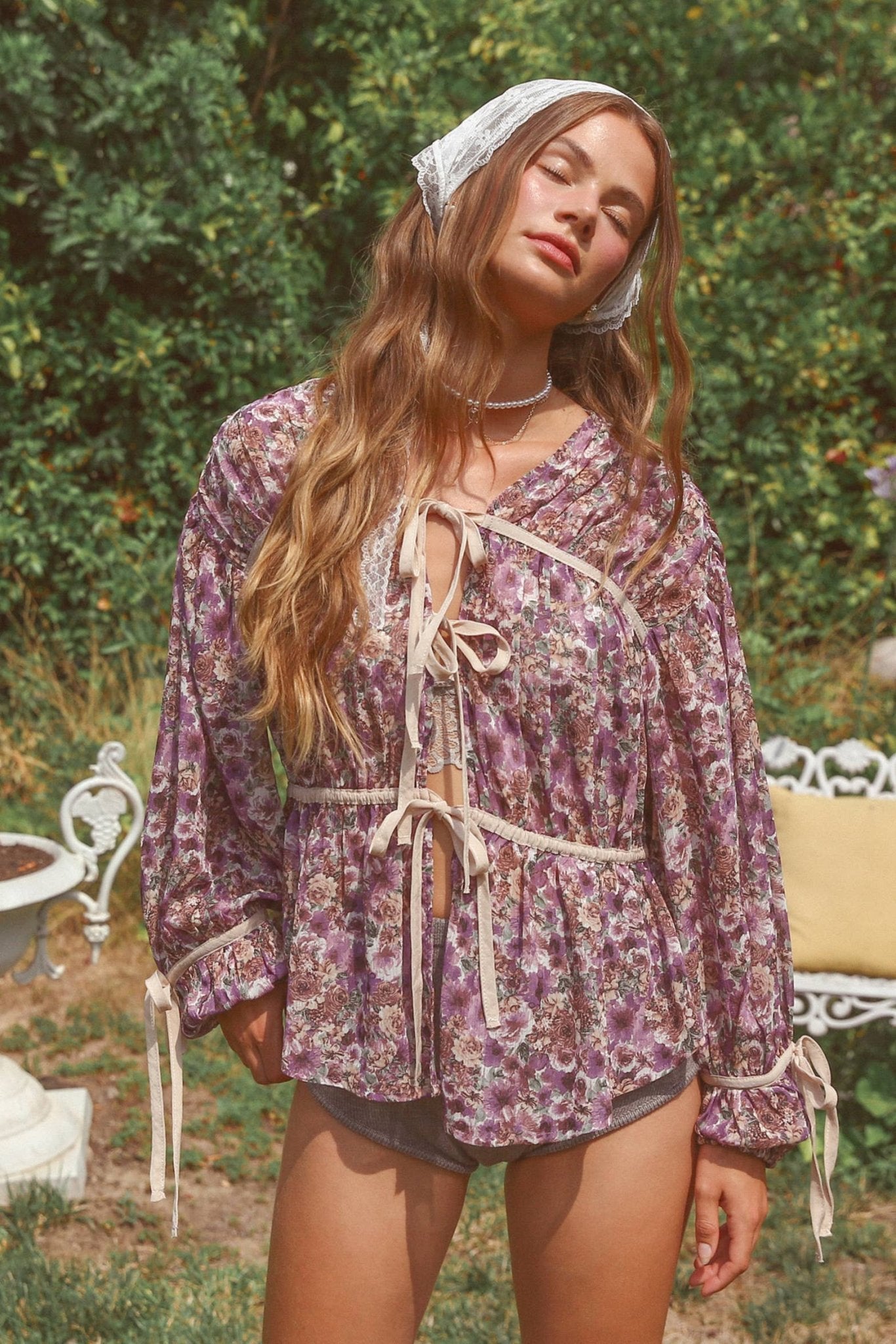 Floral Printed Sheer Blouse with Tie Accents - 926 West