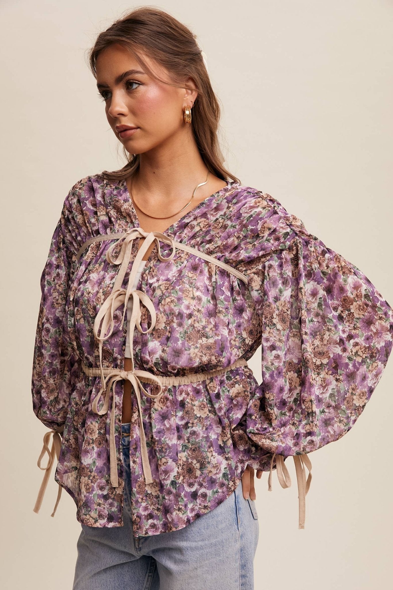 Floral Printed Sheer Blouse with Tie Accents - 926 West