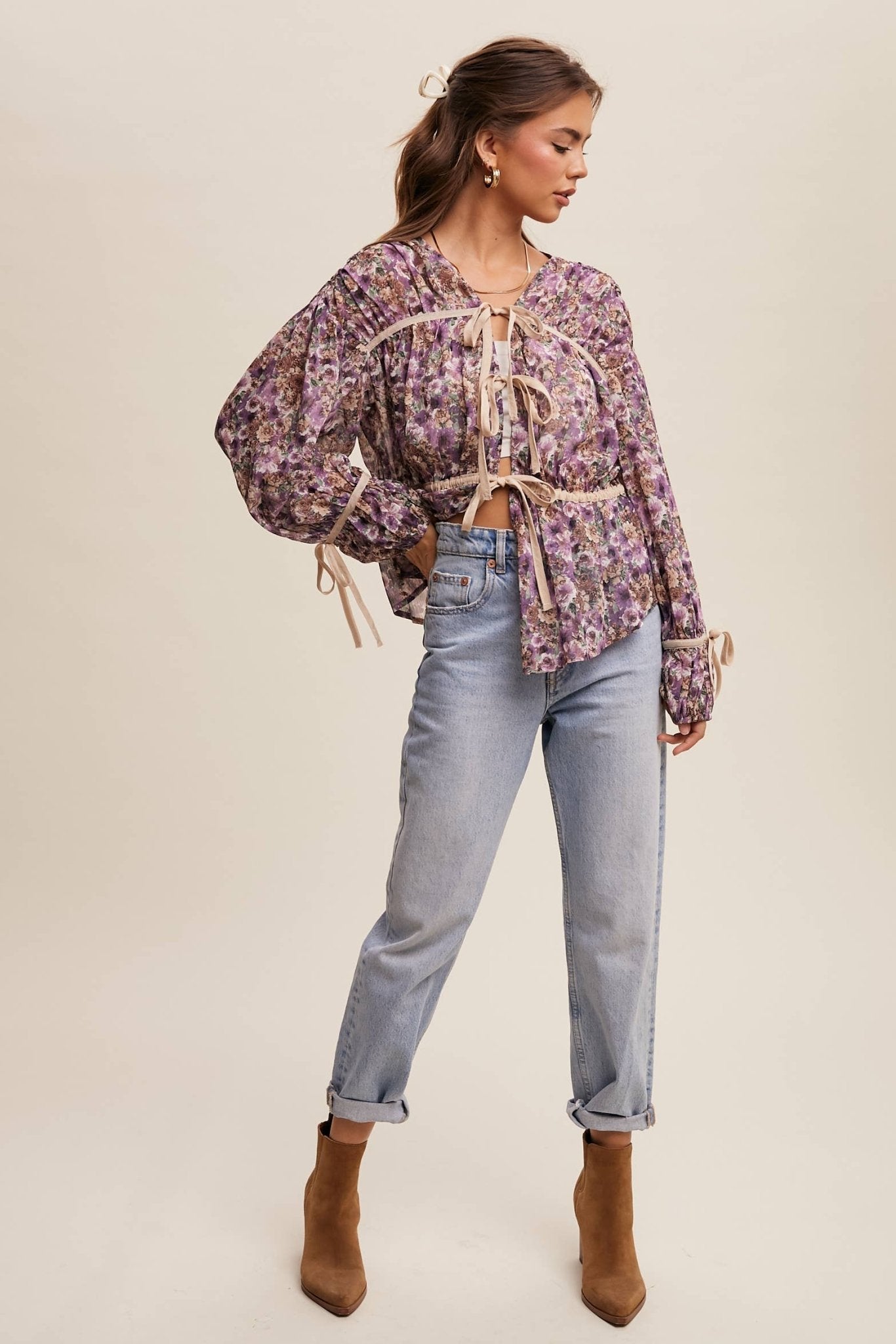 Floral Printed Sheer Blouse with Tie Accents - 926 West