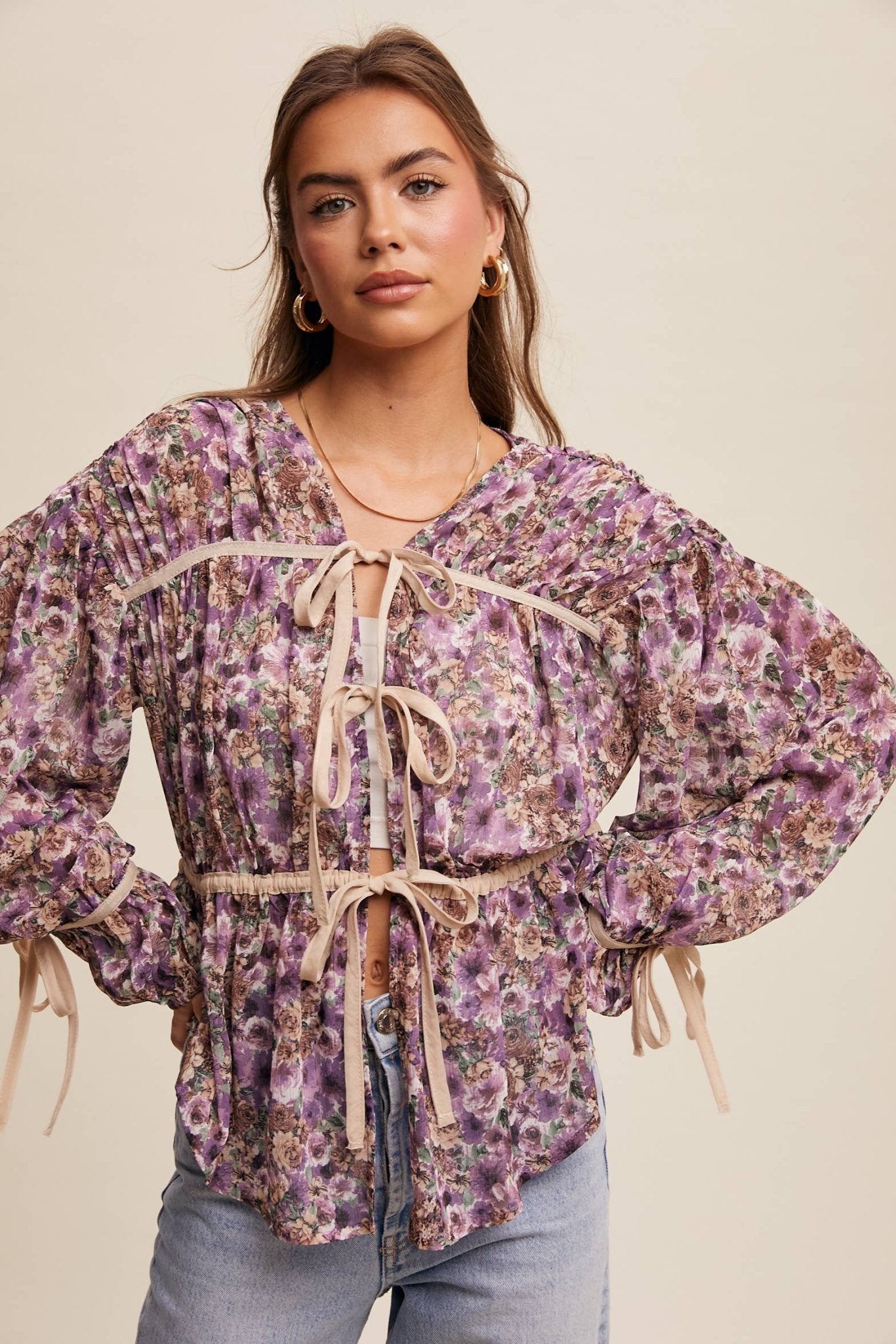 Floral Printed Sheer Blouse with Tie Accents - 926 West