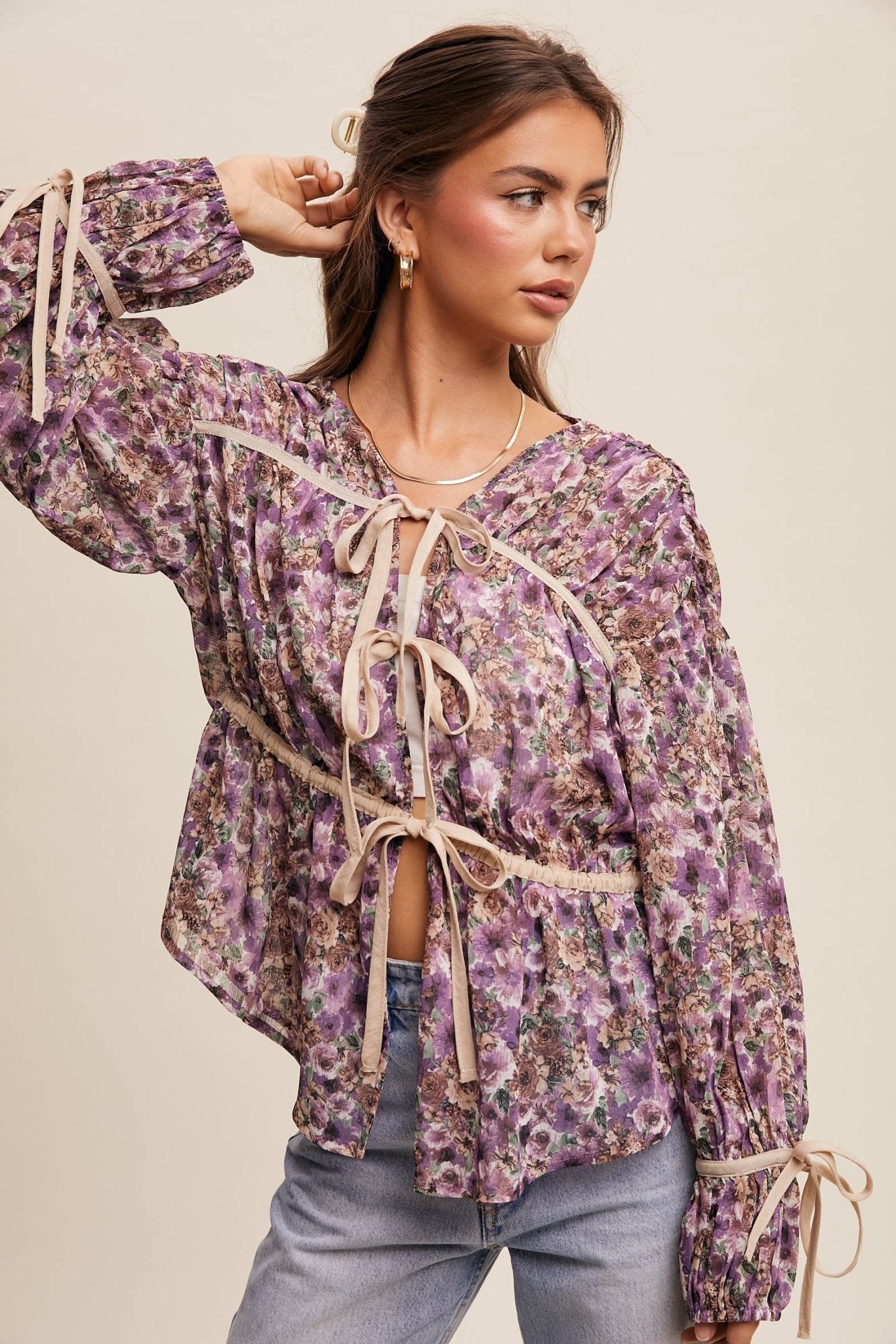 Floral Printed Sheer Blouse with Tie Accents - 926 West
