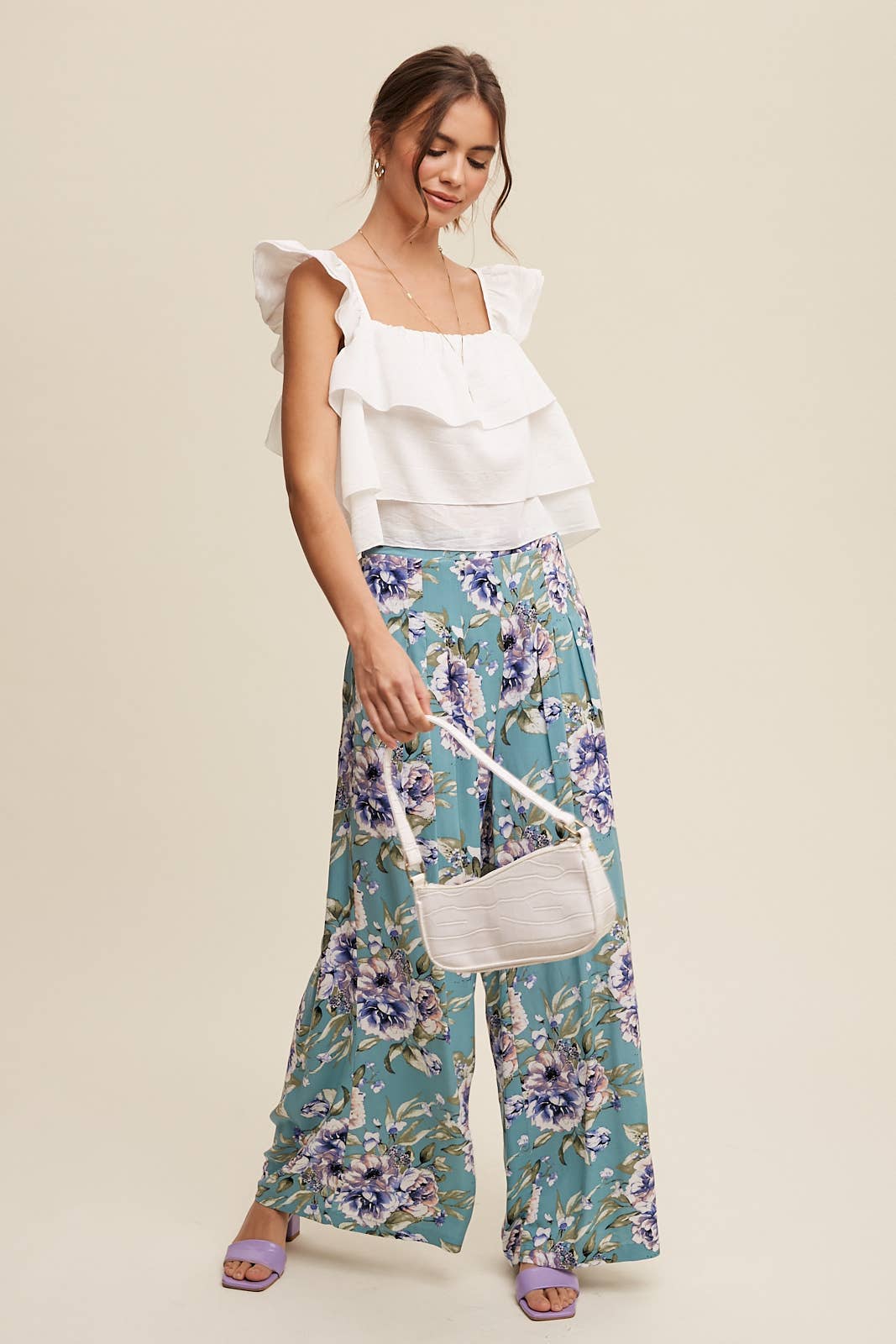 Floral Wide Leg Pants with Tiered Ruffle Top - 926 West