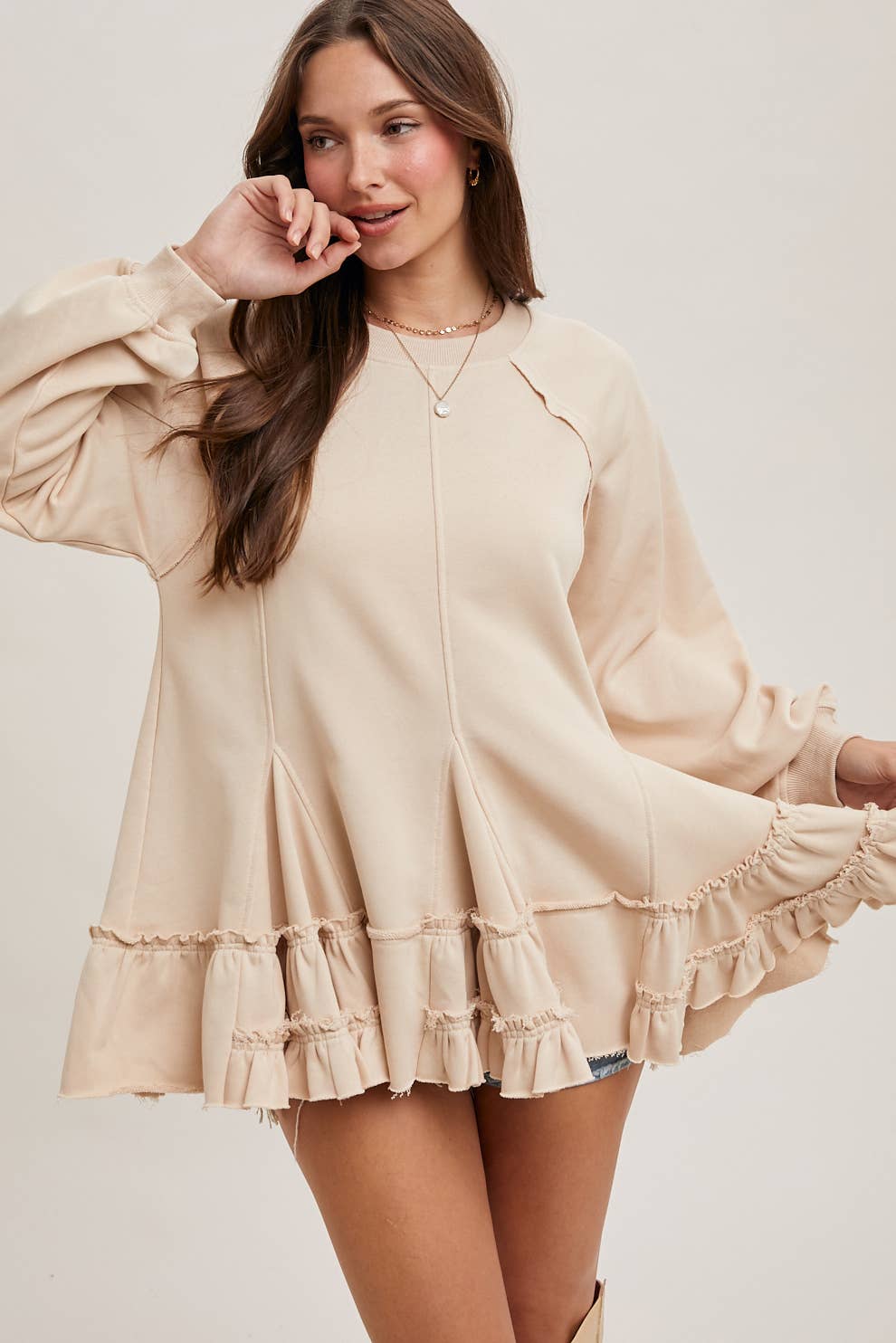 FRENCH TERRY RUFFLED TIERED HEM TUNIC SWEATSHIRT - 926 West