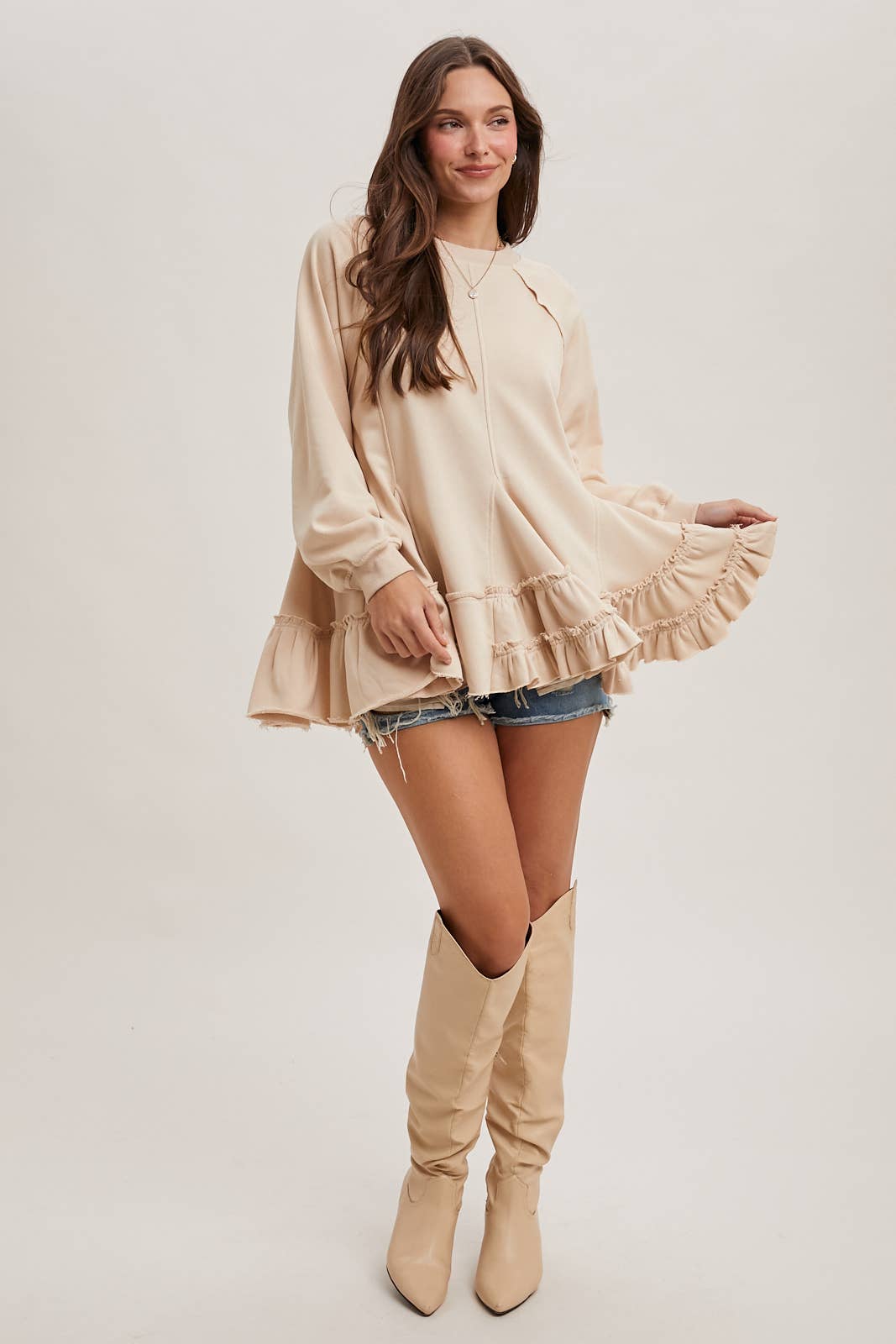 FRENCH TERRY RUFFLED TIERED HEM TUNIC SWEATSHIRT - 926 West