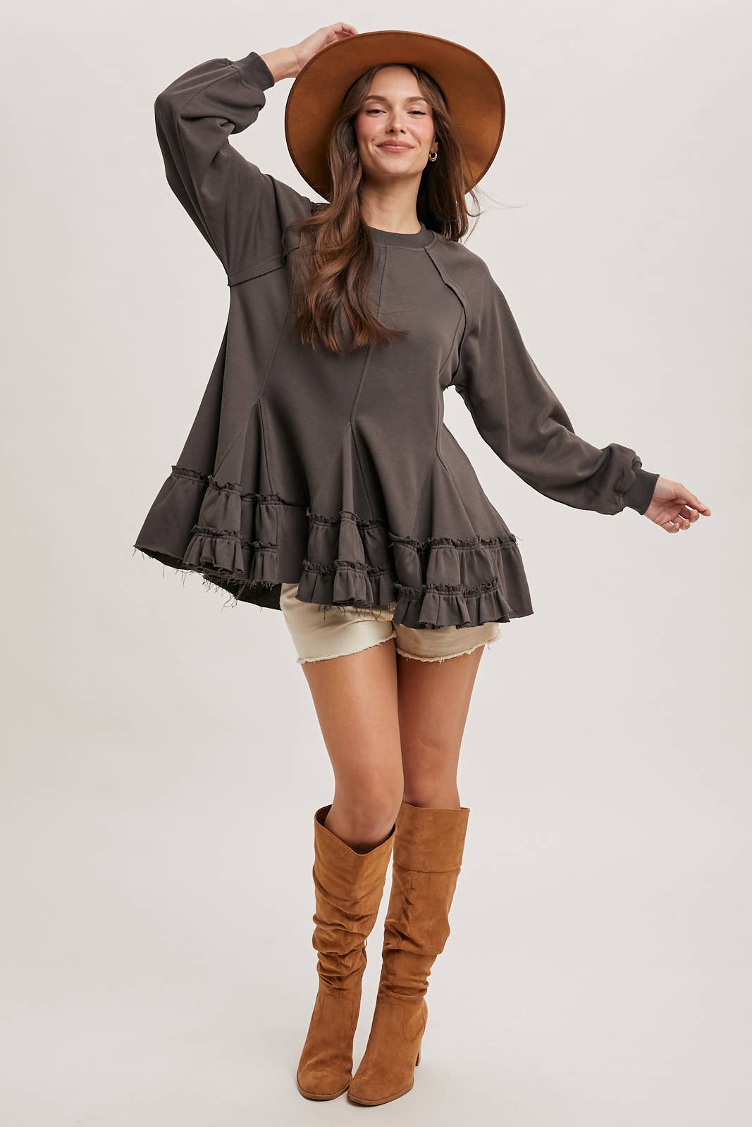 FRENCH TERRY RUFFLED TIERED HEM TUNIC SWEATSHIRT - 926 West