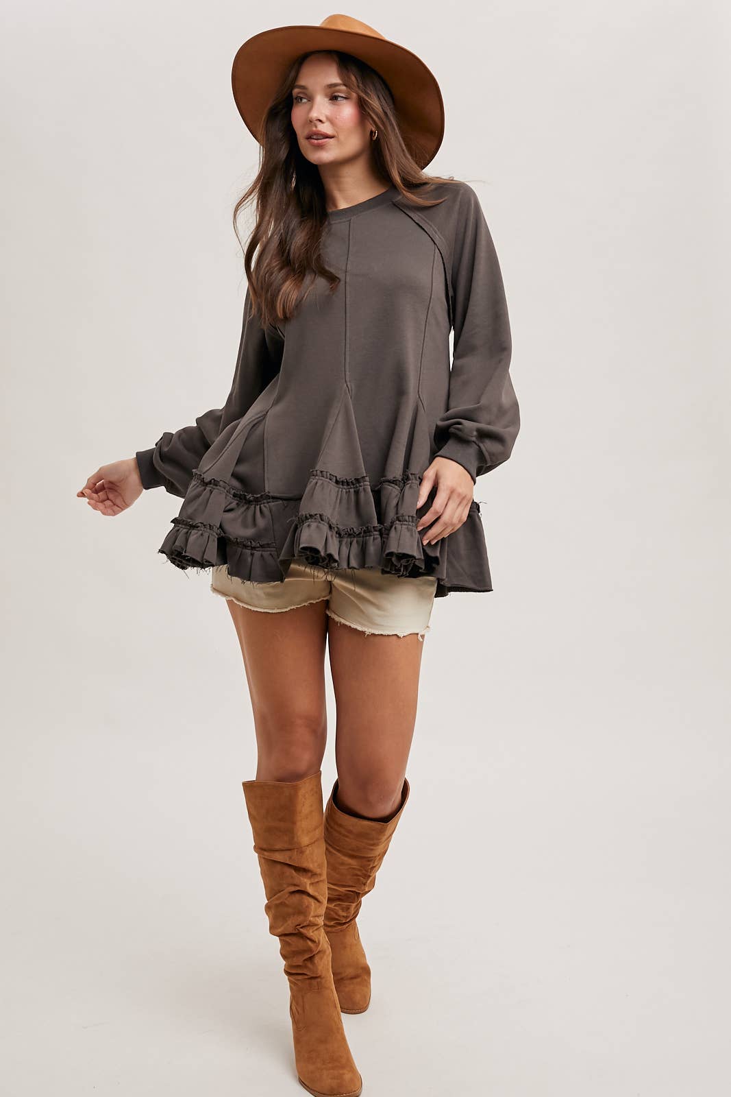 FRENCH TERRY RUFFLED TIERED HEM TUNIC SWEATSHIRT - 926 West