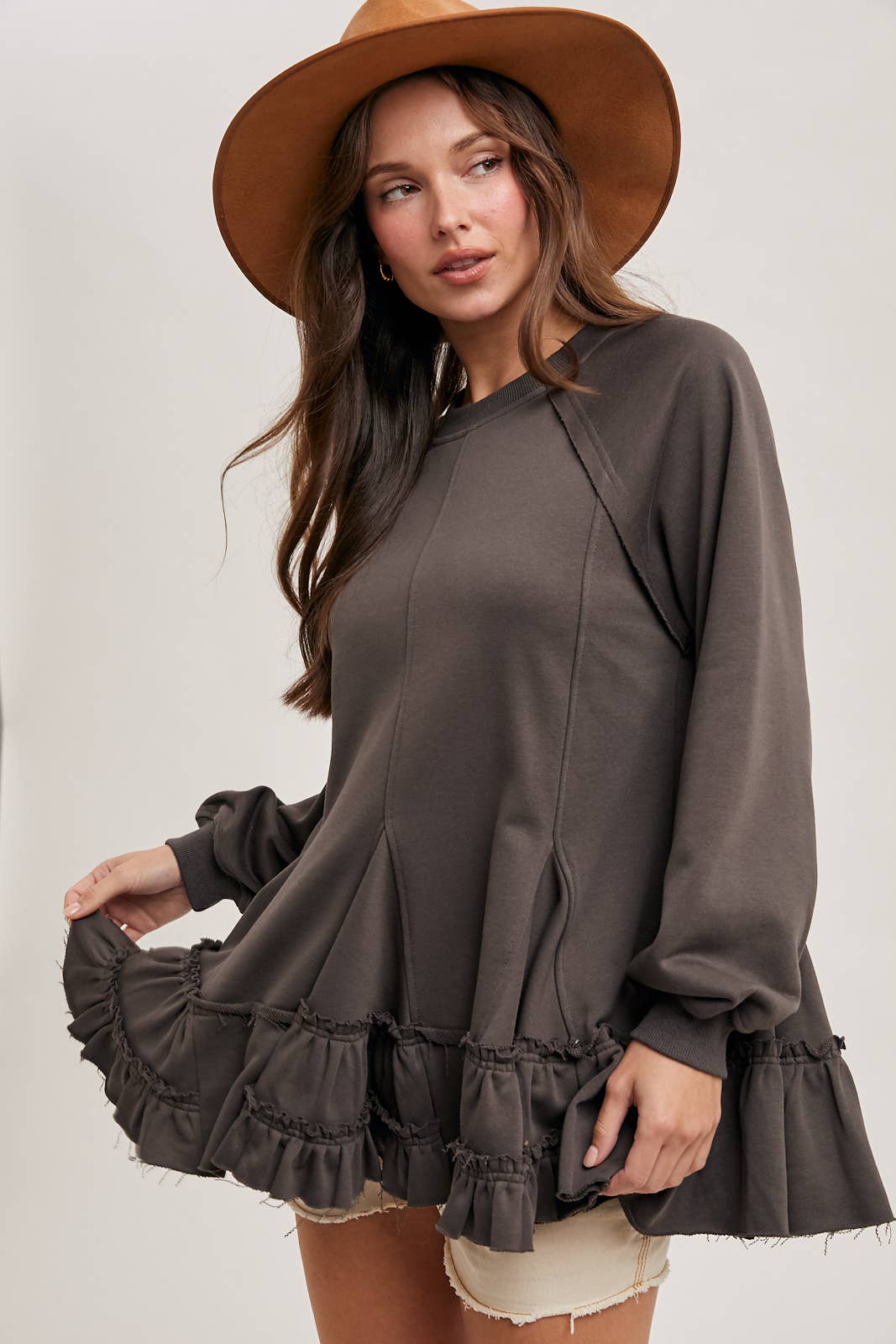 FRENCH TERRY RUFFLED TIERED HEM TUNIC SWEATSHIRT - 926 West