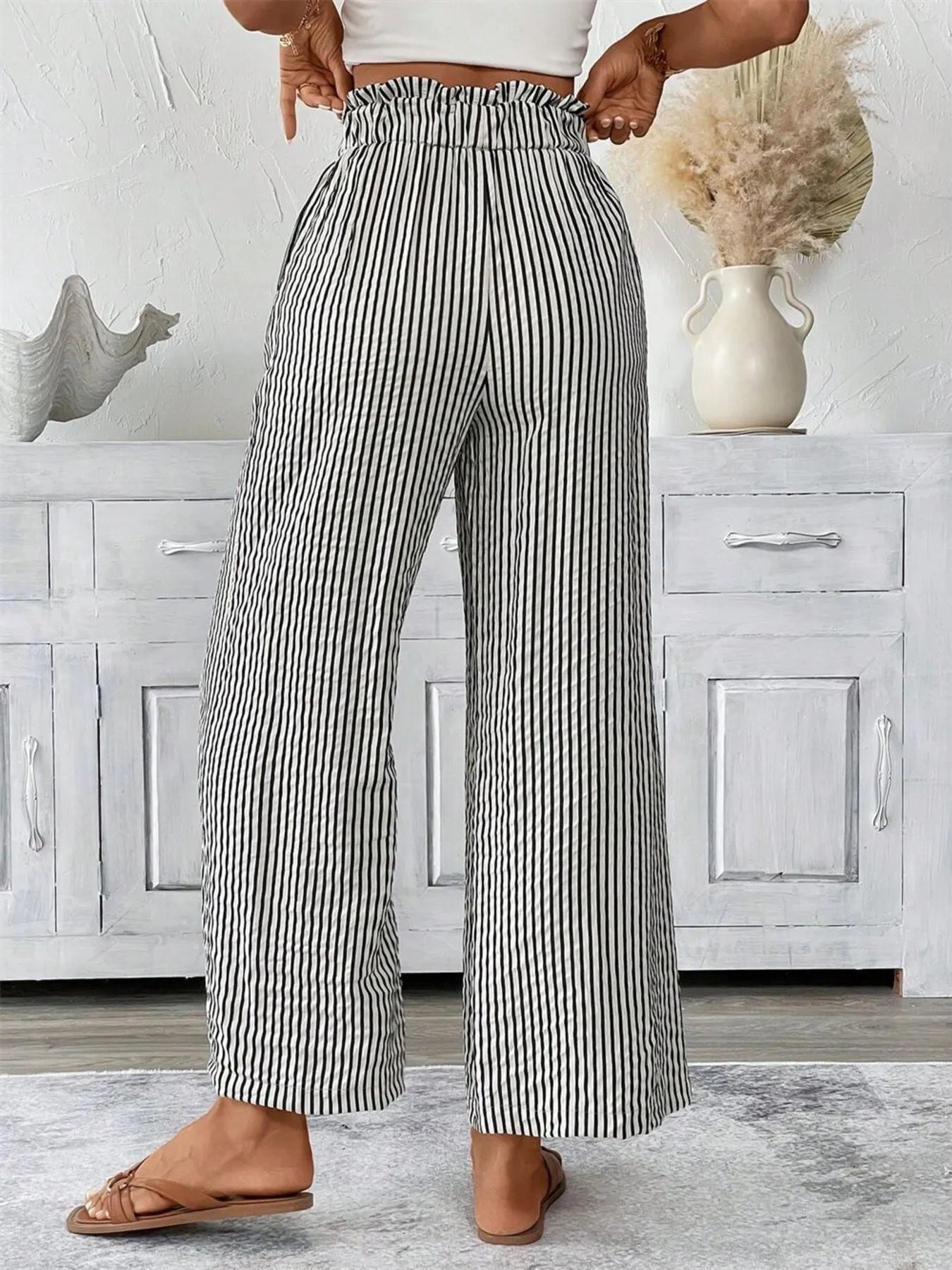 Full Size Striped Wide Leg Paper Bag Pants Plus Size - 926 West