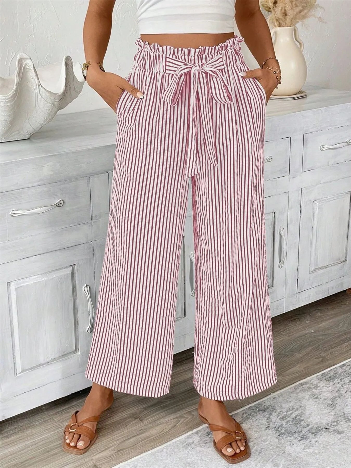 Full Size Striped Wide Leg Paper Bag Pants Plus Size - 926 West