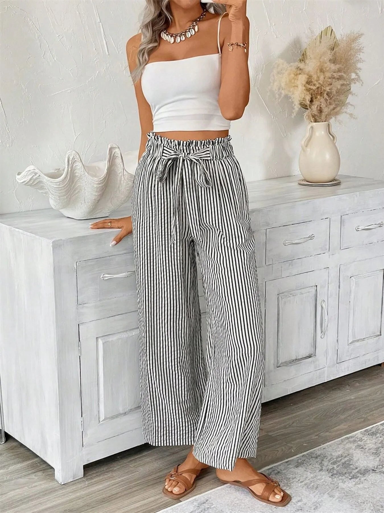 Full Size Striped Wide Leg Paper Bag Pants Plus Size - 926 West
