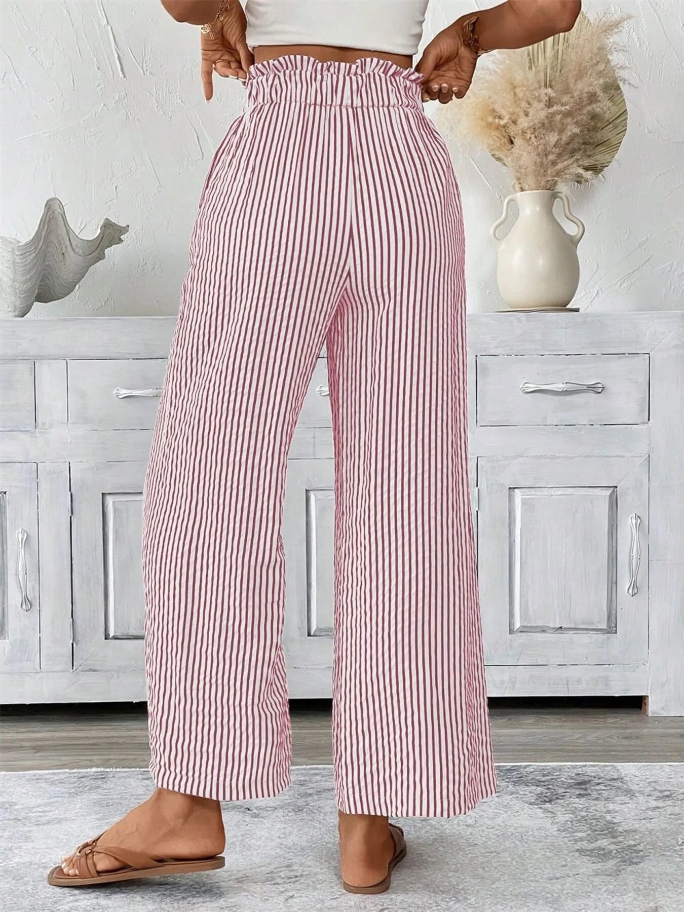 Full Size Striped Wide Leg Paper Bag Pants Plus Size - 926 West