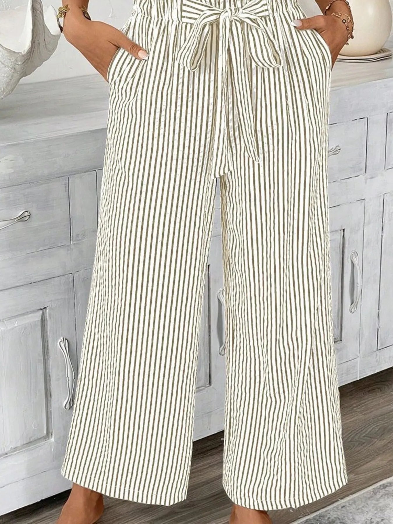 Full Size Striped Wide Leg Paper Bag Pants Plus Size - 926 West