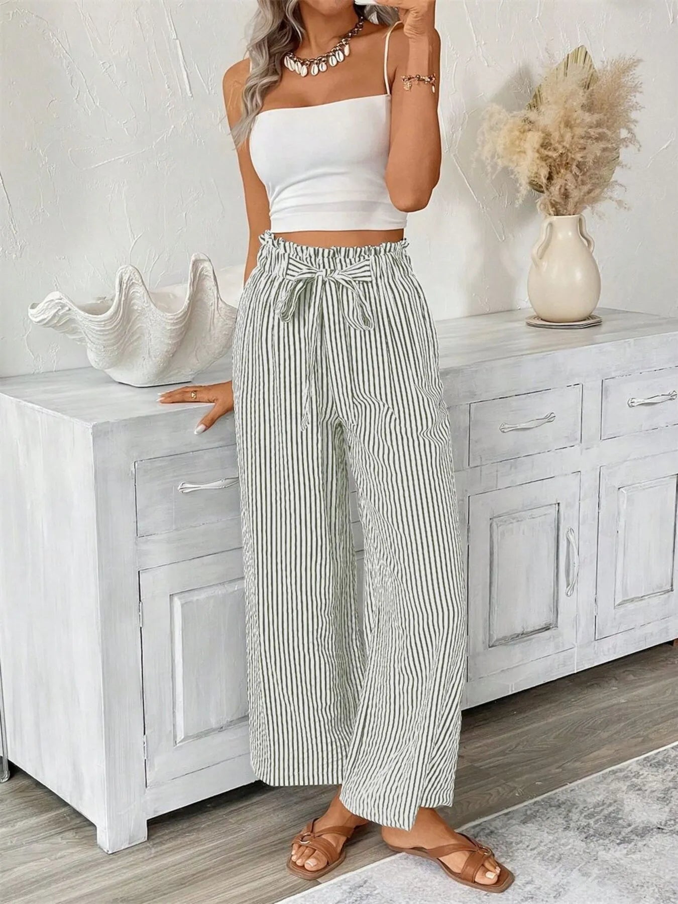 Full Size Striped Wide Leg Paper Bag Pants Plus Size - 926 West