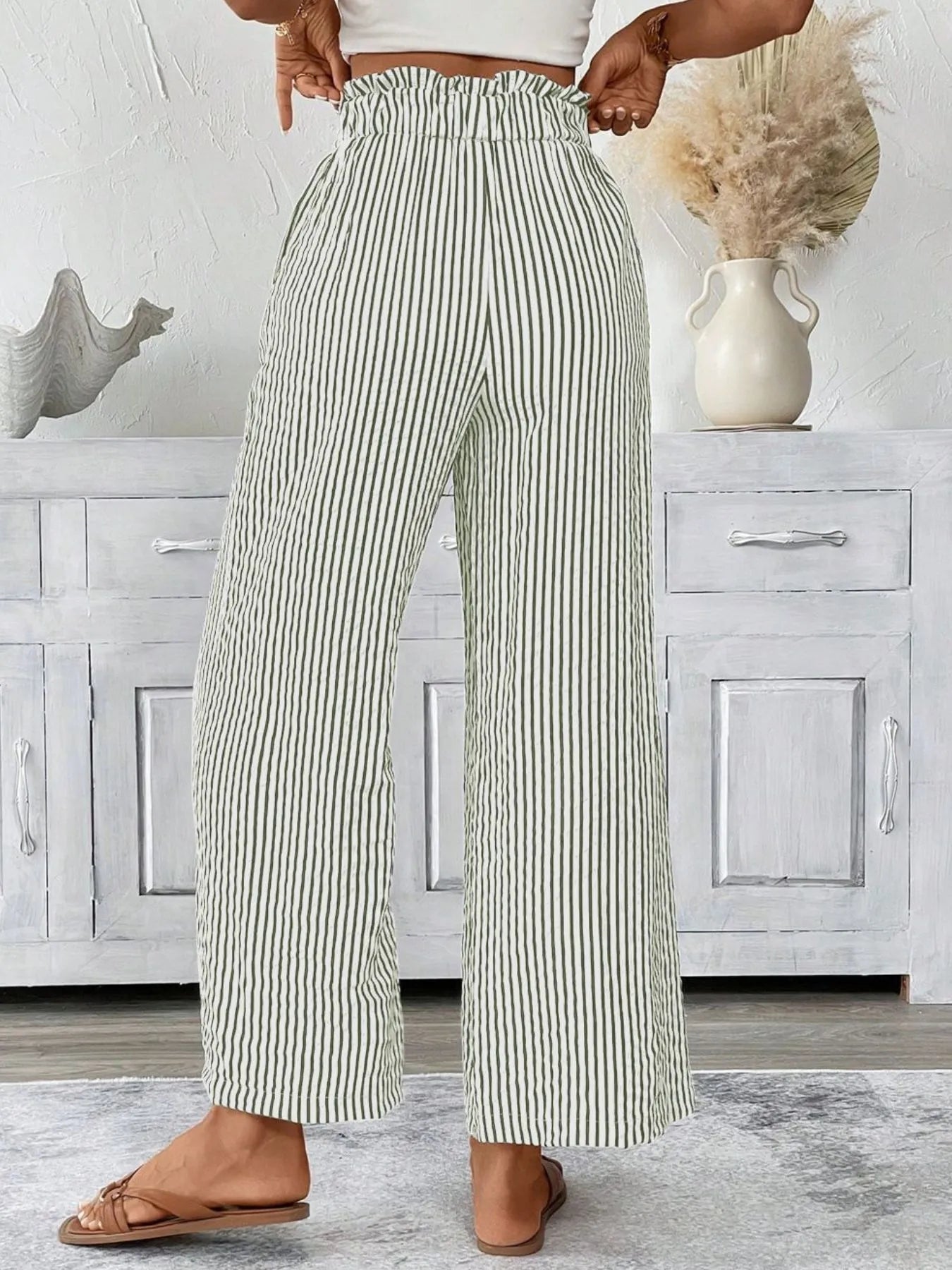 Full Size Striped Wide Leg Paper Bag Pants Plus Size - 926 West