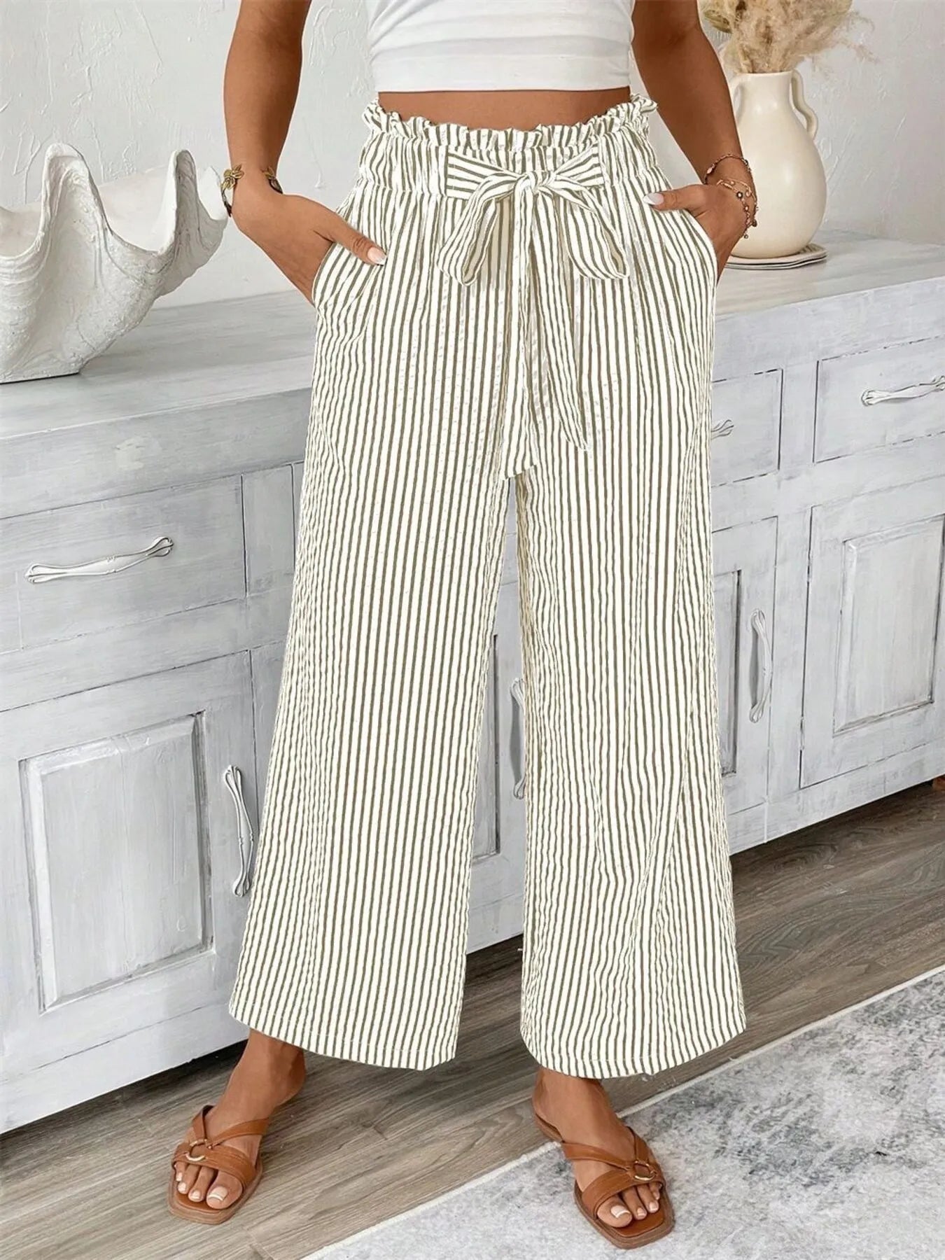 Full Size Striped Wide Leg Paper Bag Pants Plus Size - 926 West