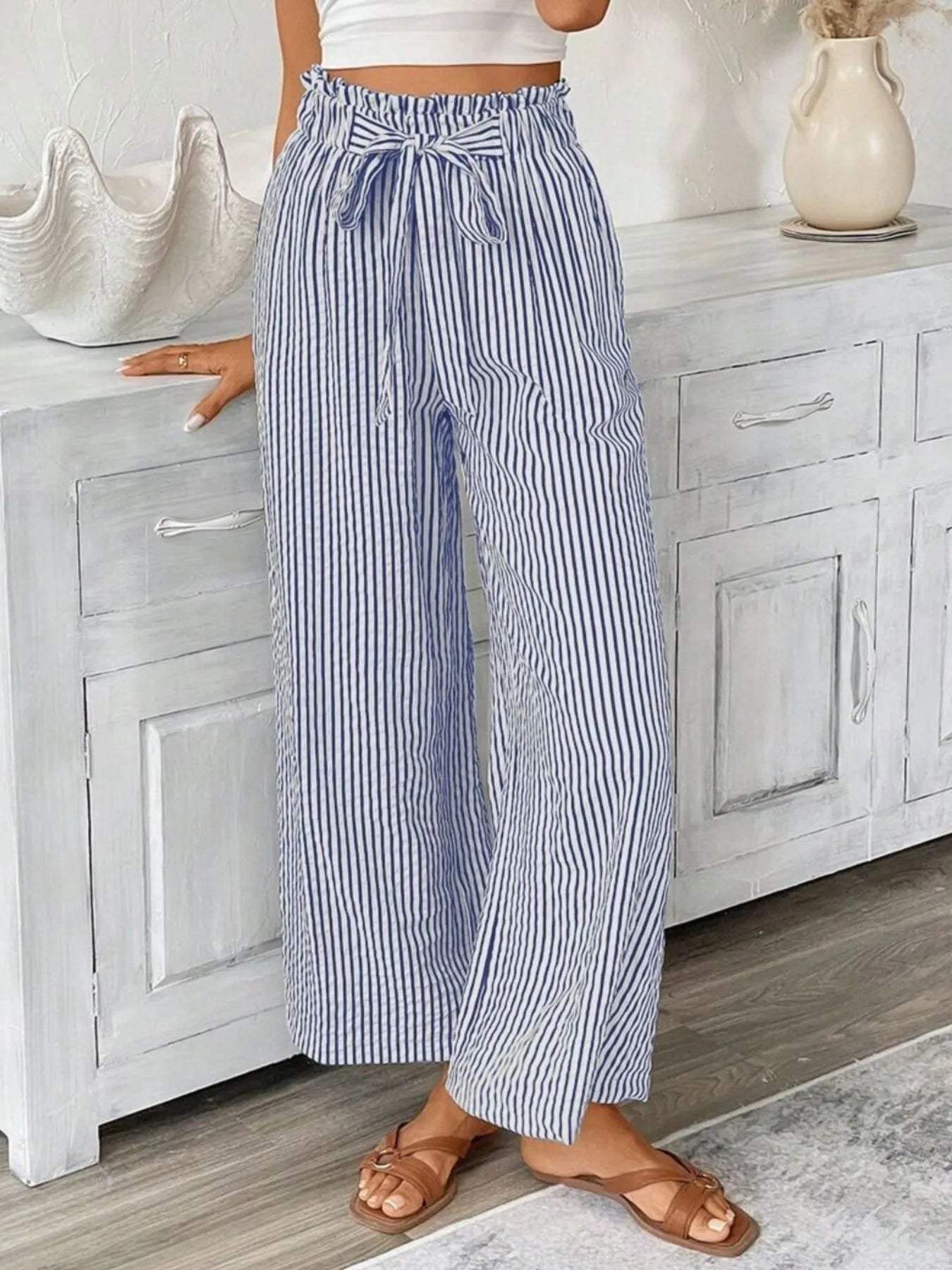 Full Size Striped Wide Leg Paper Bag Pants Plus Size - 926 West
