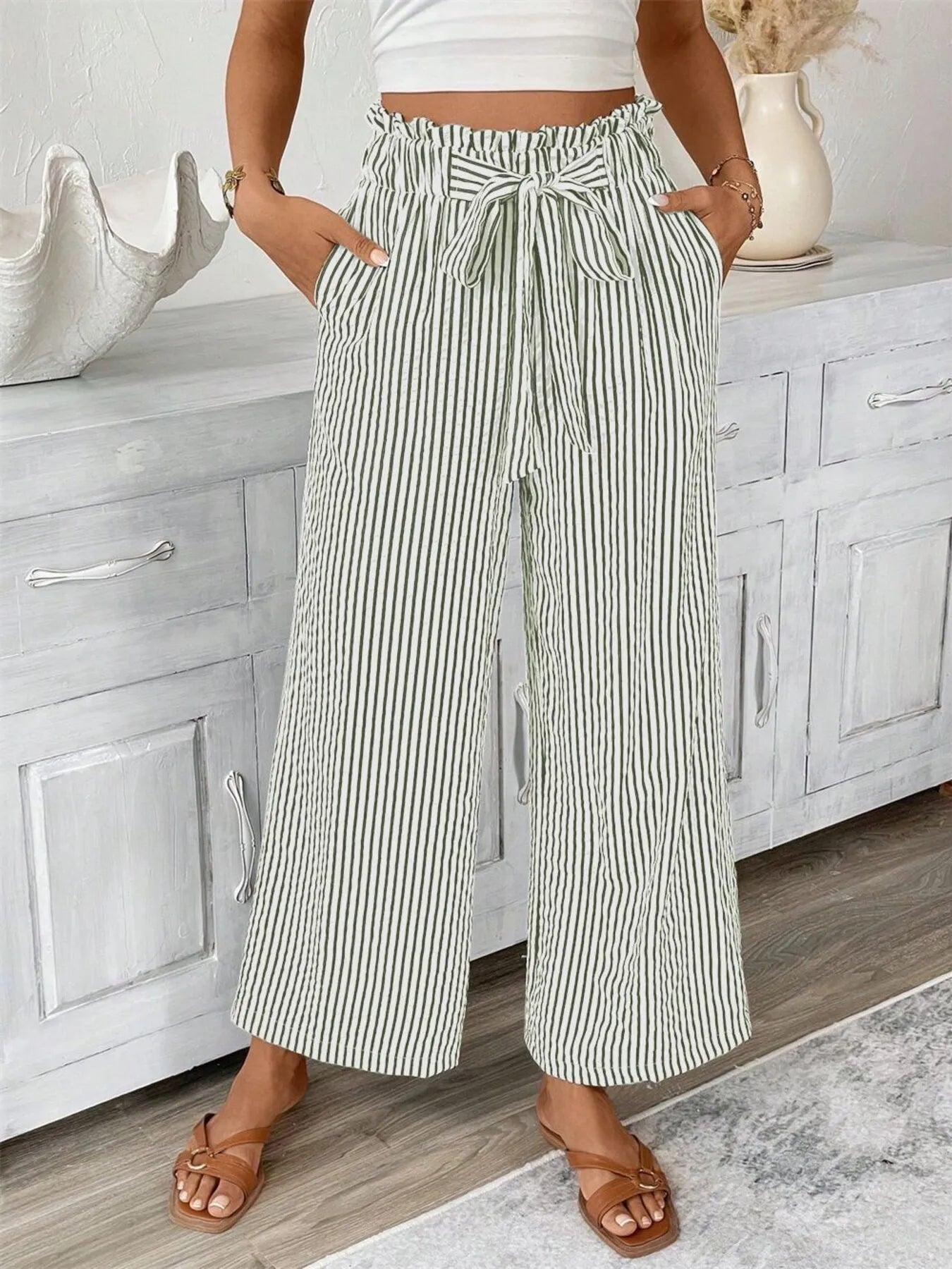 Full Size Striped Wide Leg Paper Bag Pants Plus Size - 926 West