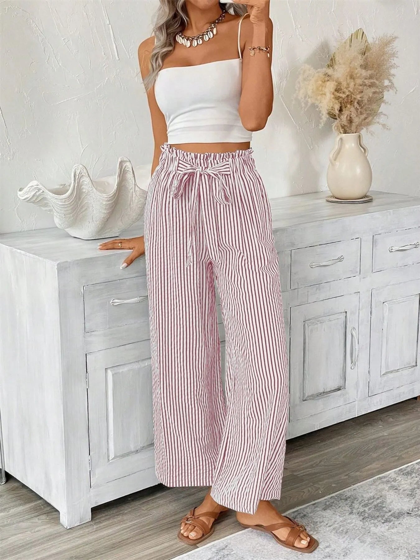 Full Size Striped Wide Leg Paper Bag Pants Plus Size - 926 West