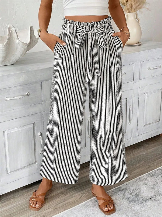 Full Size Striped Wide Leg Paper Bag Pants Plus Size - 926 West