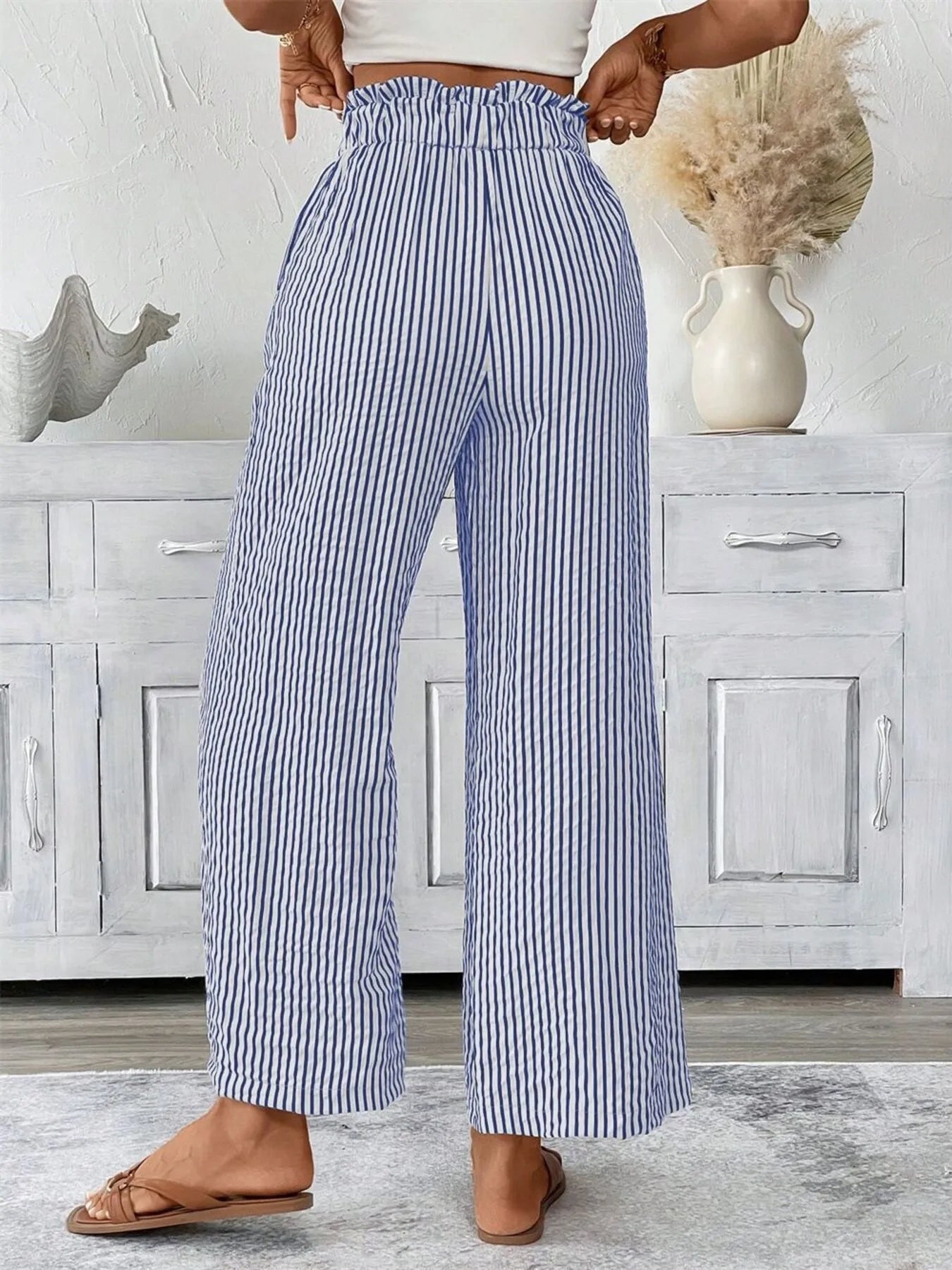Full Size Striped Wide Leg Paper Bag Pants Plus Size - 926 West