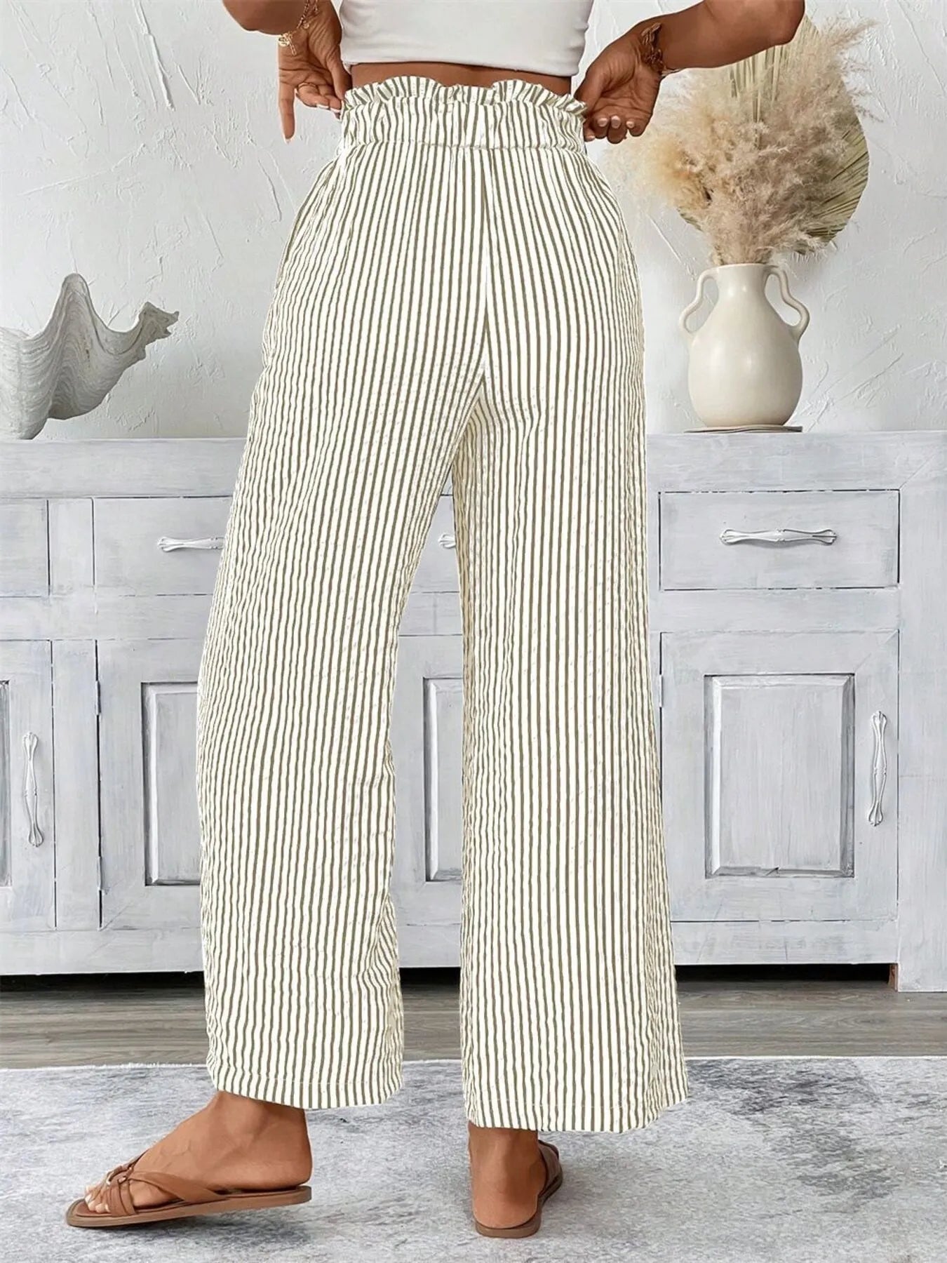 Full Size Striped Wide Leg Paper Bag Pants Plus Size - 926 West