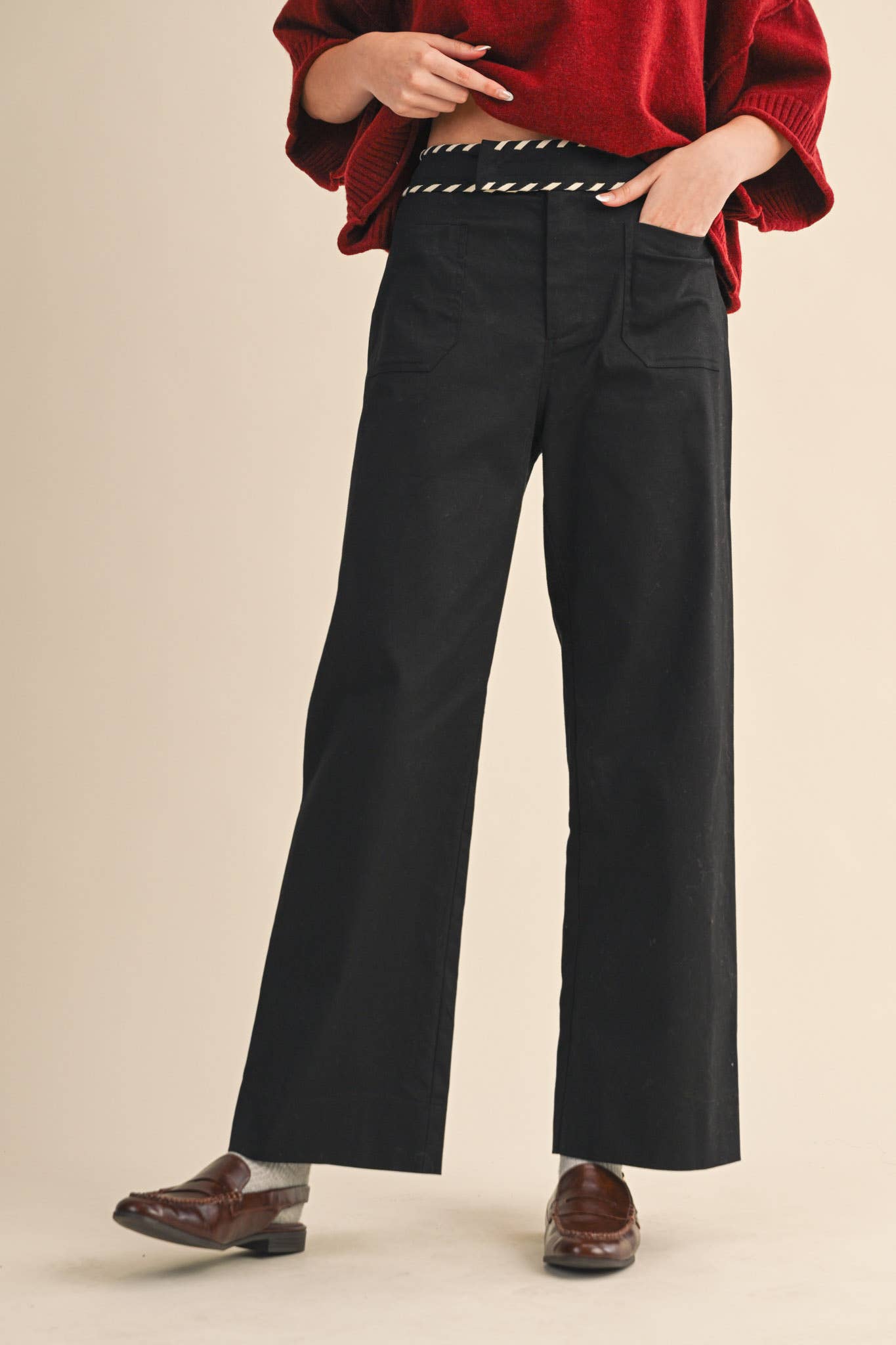 HIGH WAIST WIDE LEG PANTS WITH WHIP STITCH TRIM - 926 West