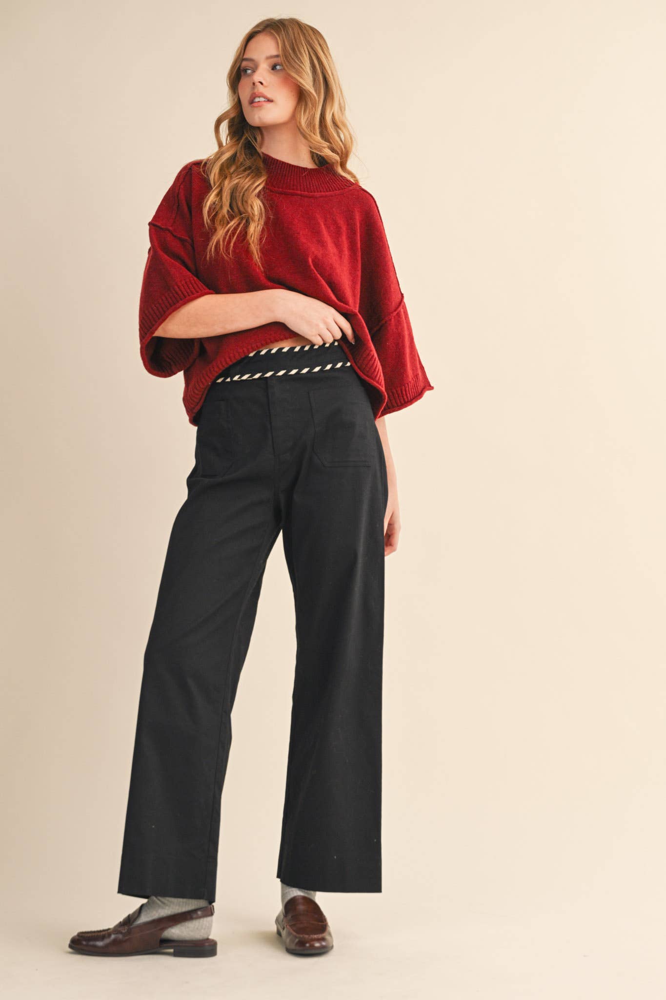 HIGH WAIST WIDE LEG PANTS WITH WHIP STITCH TRIM - 926 West