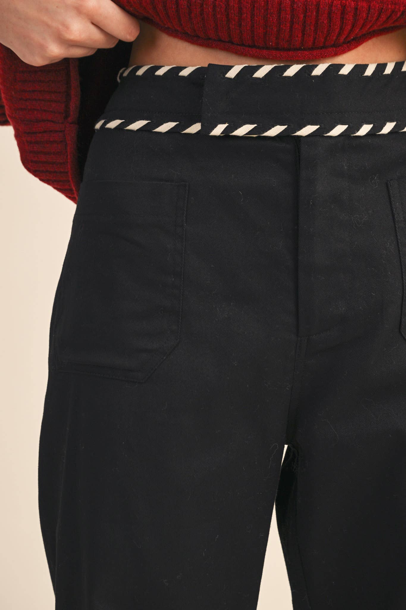 HIGH WAIST WIDE LEG PANTS WITH WHIP STITCH TRIM - 926 West