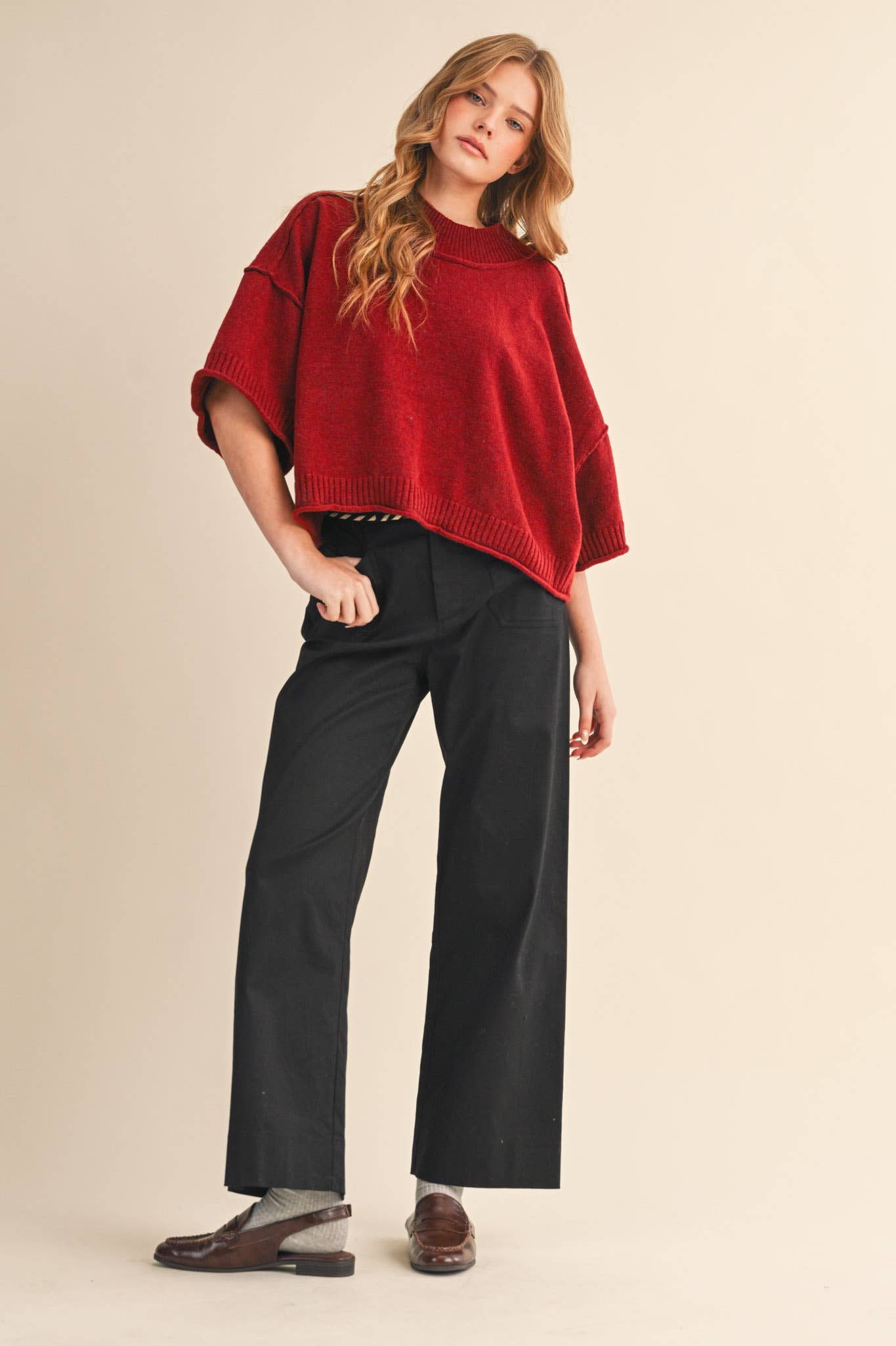 HIGH WAIST WIDE LEG PANTS WITH WHIP STITCH TRIM - 926 West