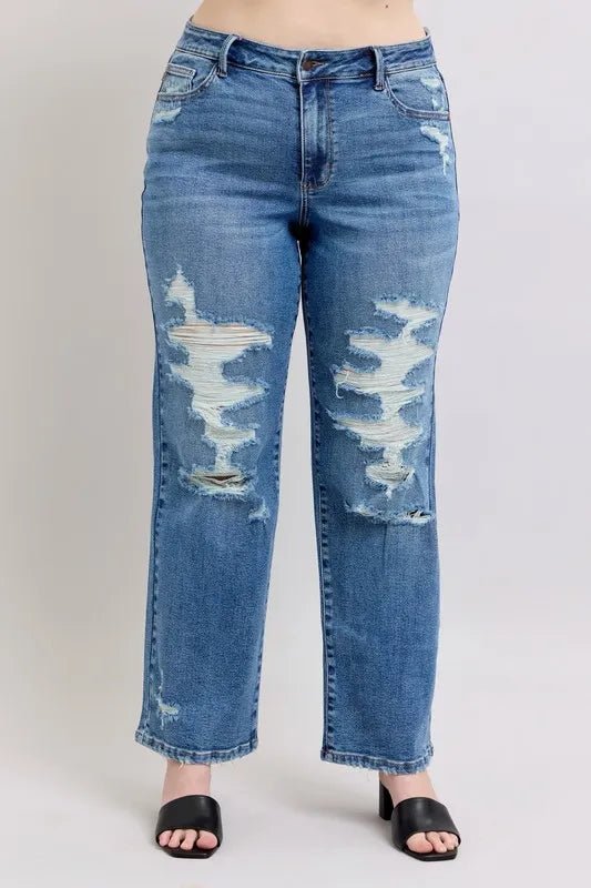 Judy Blue Full Size High Waist Heavy Destroy Straight Jeans Plus Size - 926 West
